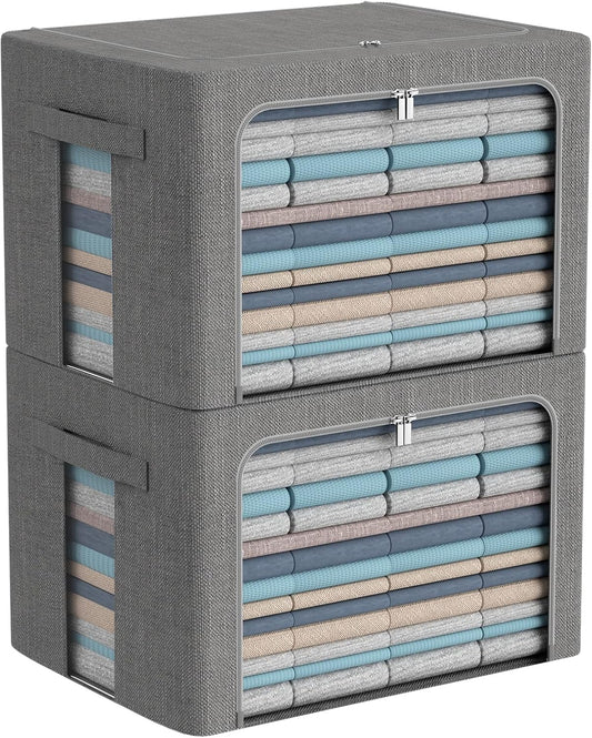 Clothes Storage Bins Box - Linen Fabric Foldable Stackable Container Organizer Set with Clear Window & Carry Handles & Metal Frame - 2Pack Large Capacity for Bedding, Blankets, Books