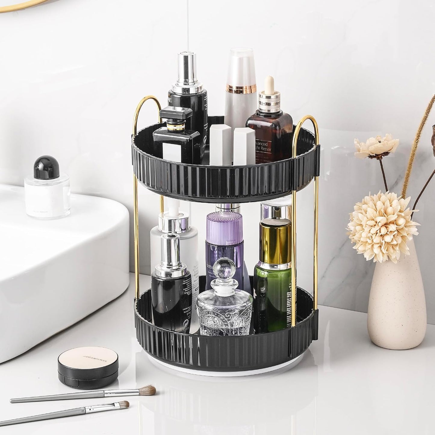 Aveniee 360 Rotating Makeup Organizer for Vanity, Skincare Perfume Organizers, 2 Tiered Bathroom Countertop Storage, Black Cosmetics Lipstick Skin Care Holder for Dresser