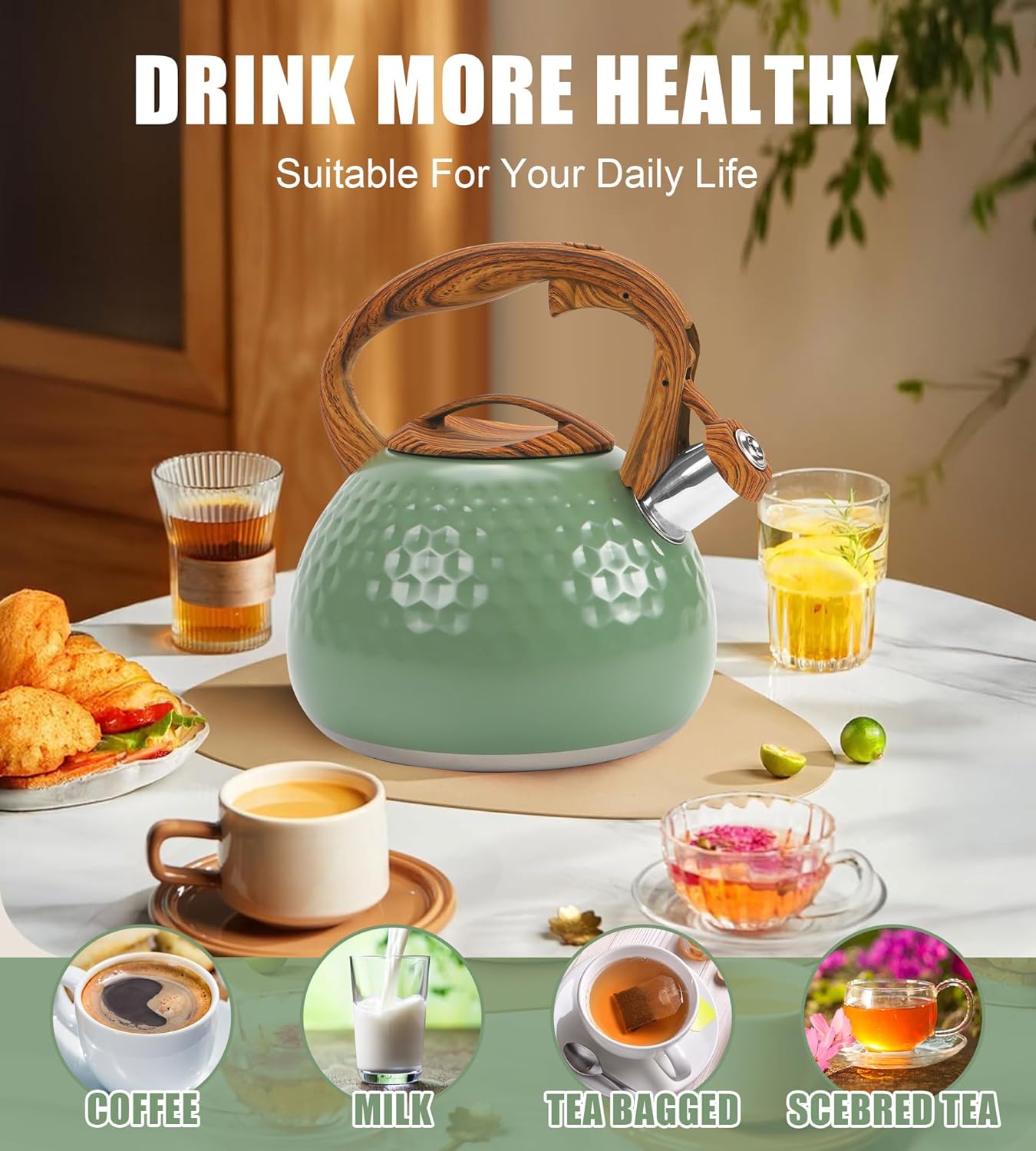 Stovetop Whistling Tea Kettle 3.2QT - Stainless Steel with Wood Grain Handle, Loud Whistle Kettle for Tea, Coffee & Milk, Ergonomic Grip & Balanced Pour Spout (Emerald Green)