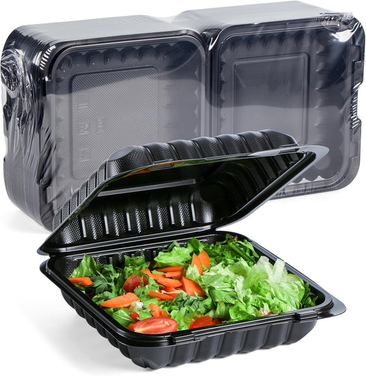 YANGRUI Takeout Containers 8 Inch 34 oz 55 Pack - Mineral Filled BPA Free Polypropylene Plastic | Shrink Wrapped Freezer & Microwave Safe | Black Reusable Hinged Clamshell Food Container