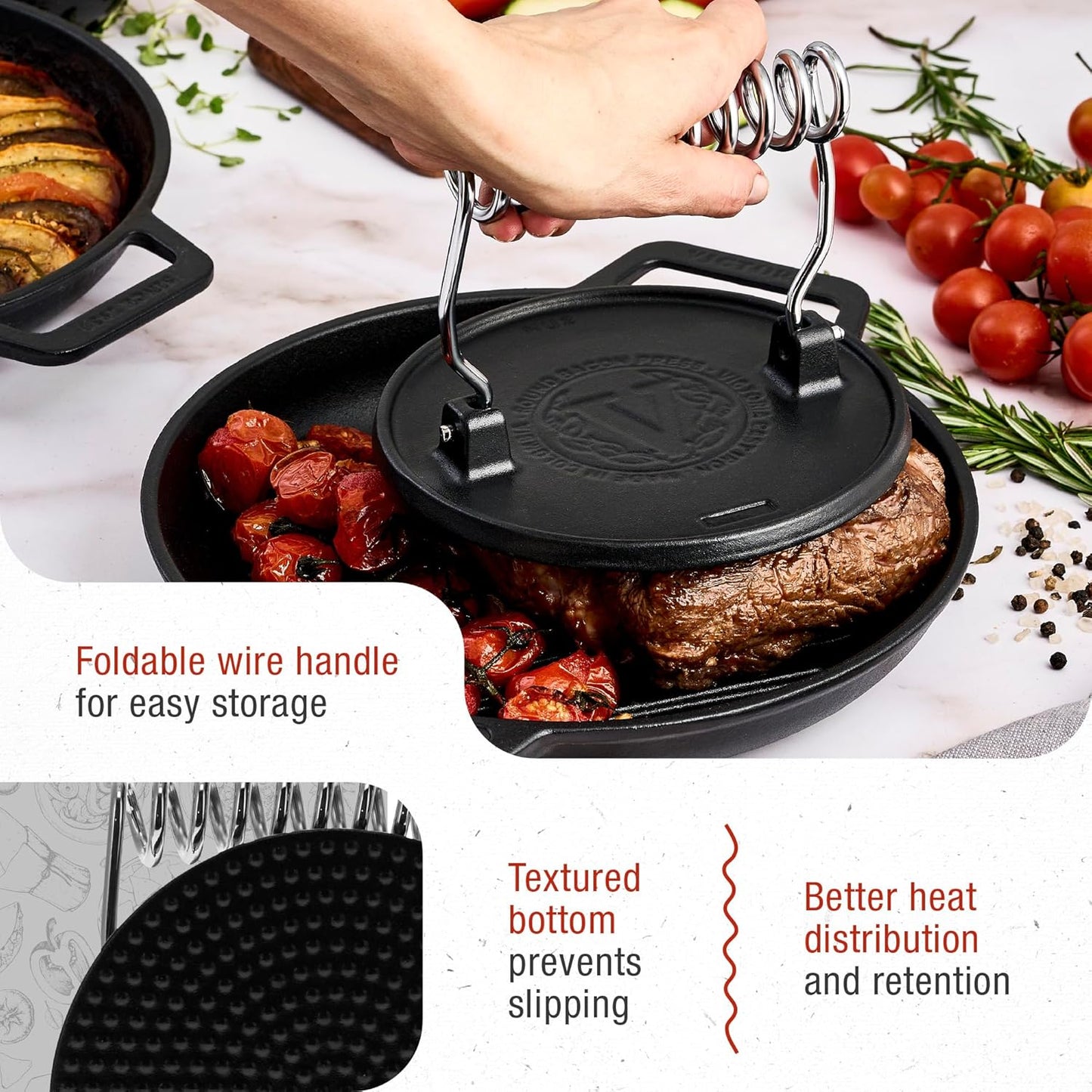 Victoria Round Cast Iron Meat Press with a Wire Handle, Preseasoned with Flaxseed Oil, Made in Colombia