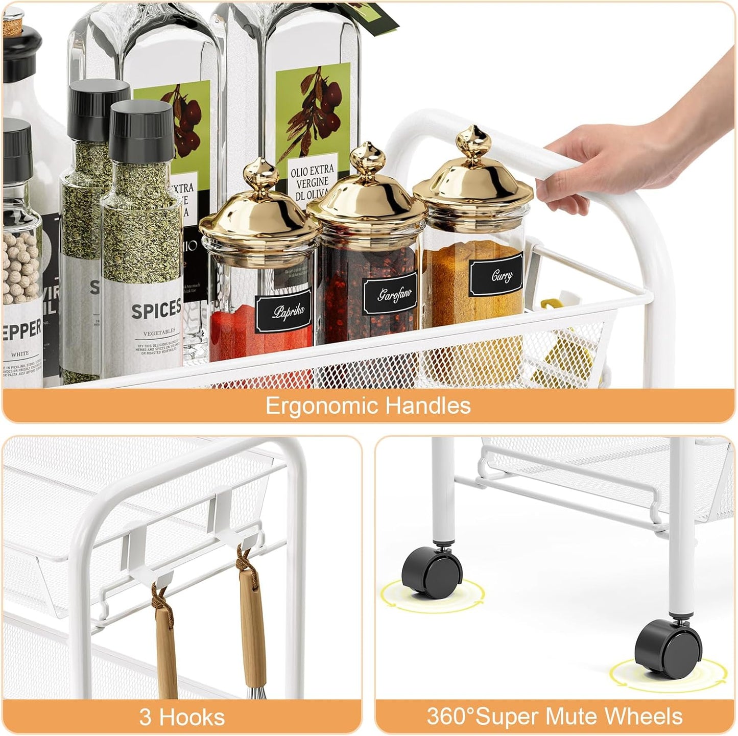 TOOLF 4-Tier Rolling Cart, Metal Utility Cart with 3 Hooks, Easy Assemble Mobile Storage Trolley On Wheels, Metal Shelving Units Kitchen Bathroom Laundry Room