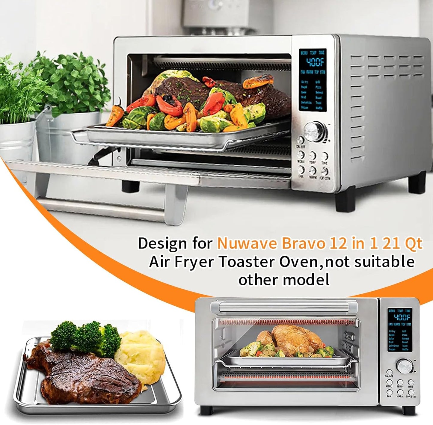 Air Fryer Baking Pan for Nuwave Bravo 12 in 1 21 Qt Air Fryer Toaster Oven, 11.2'' * 10.5'' Air Fryer Grill Pan Grill Plate Crisper Plate Rack Parts Accessories Tray, Stainless Steel