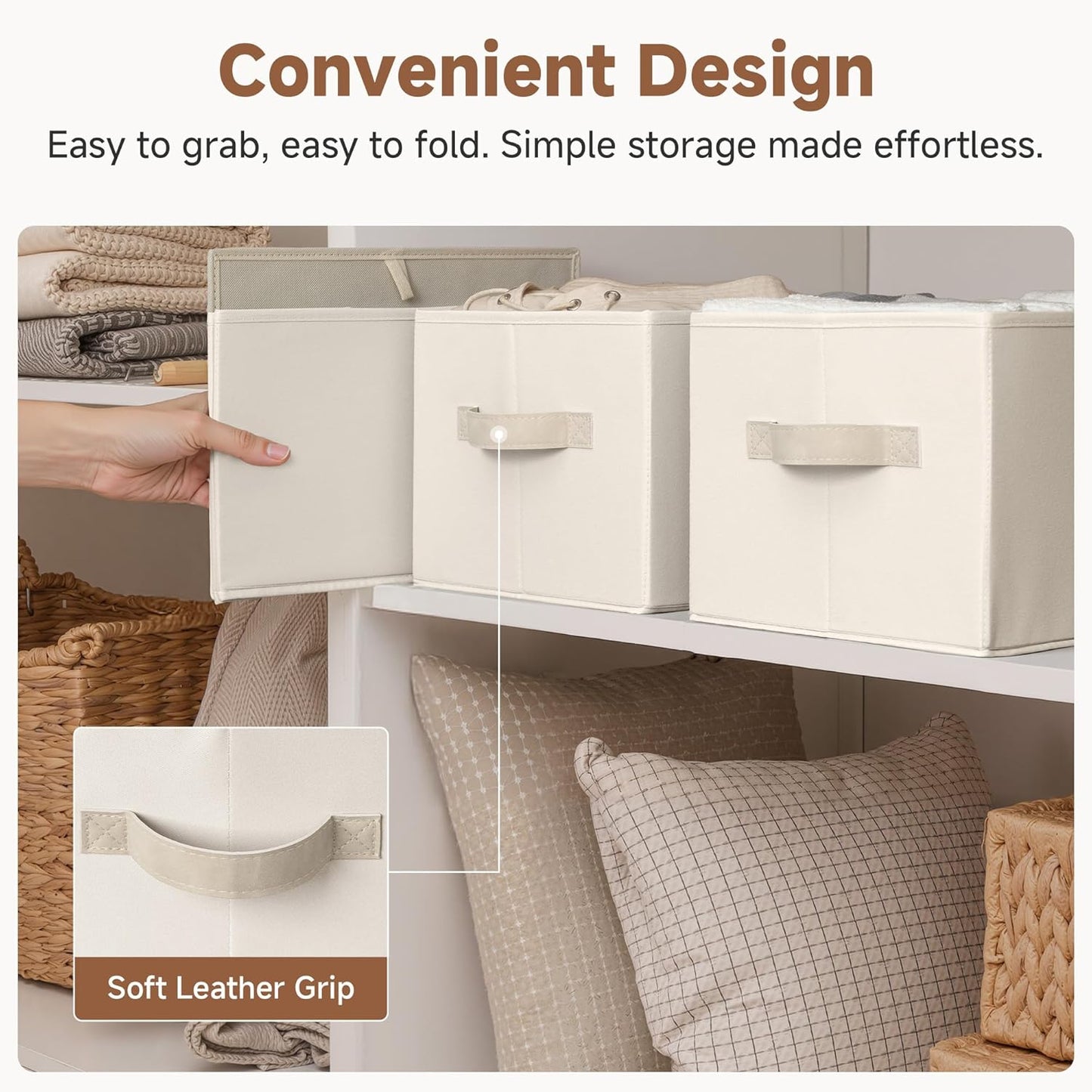 StorageWorks Storage Baskets for Shelves, Foldable Fabric Closet Storage Bins with Handles, Fabric Storage Bins Clothes Organizer, Beige, 3-Pack, Large