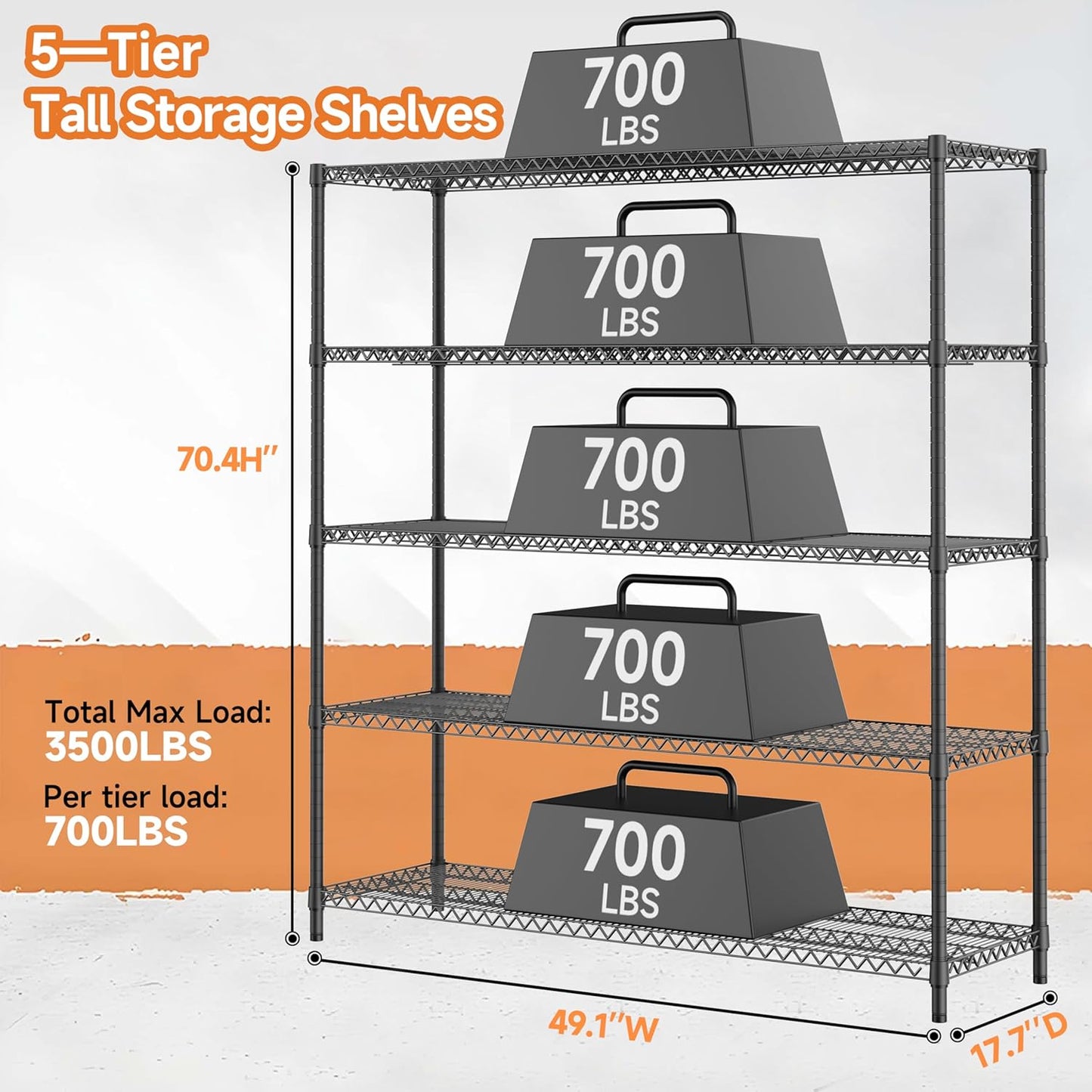 5 Tiers Storage Shelves Load 3300LBS, Metal Shelving Wire Metal Shelving Unit Shelves for Storage Adjustable Garage Shelving for Pantry Kitchen Garage Black 17.7" D x 59.1" W x 70.4" H