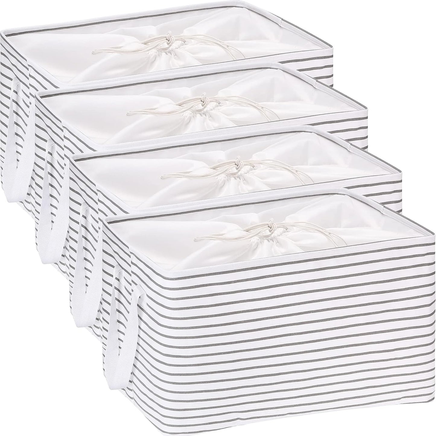 Hinwo 102L XXL Storage Bins, 4-Pack Closet Organizers and Storage, Foldable Clothes Storage Baskets with Handles, Containers for Clothing, Blanket, Comforters, Toys, Bedding (Gray Stripe)