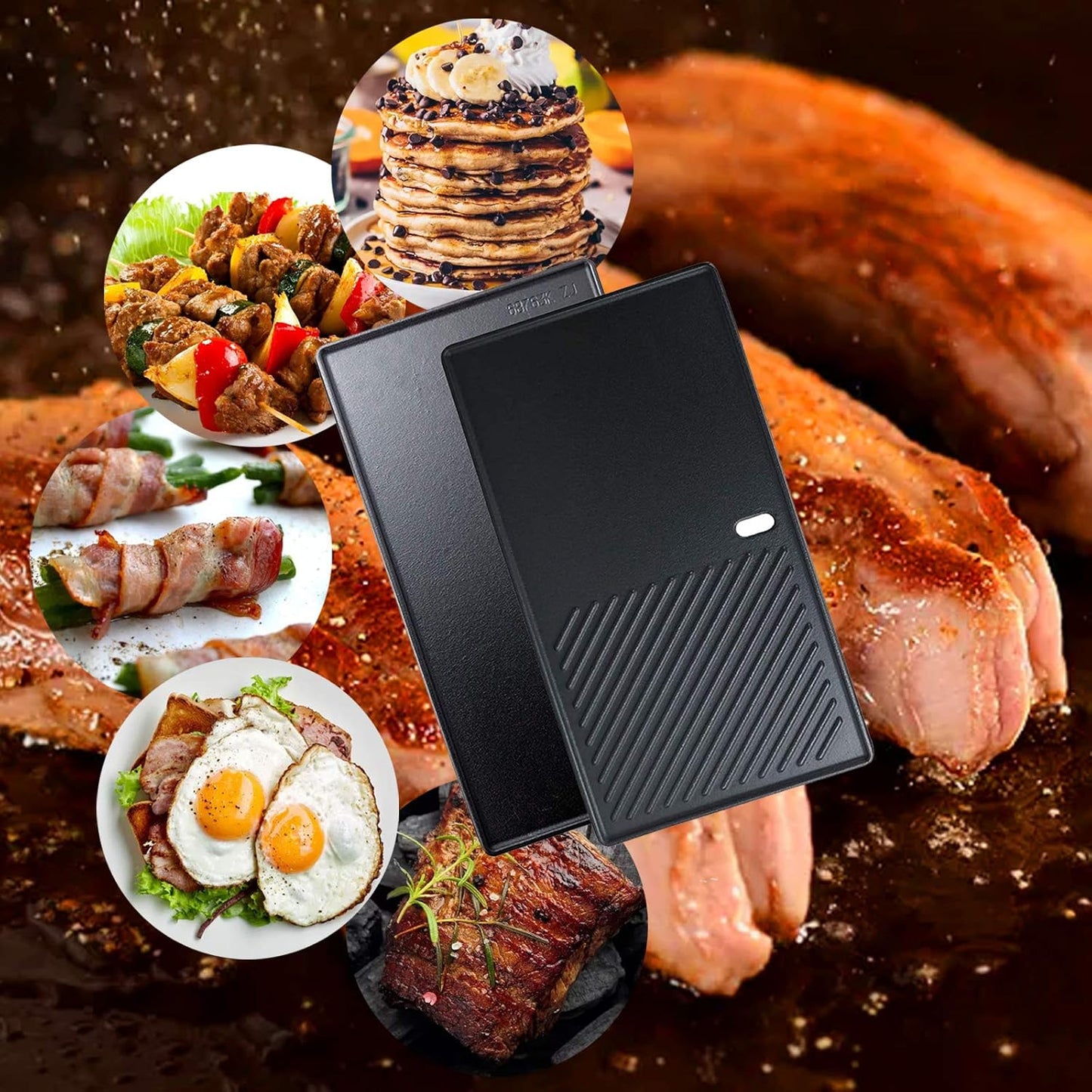 Uniflasy Cast Iron Reversible Grill Stove Top Griddle Pan 16 7/8" Skillet Flat Pan, Cast Iron Grill Griddle Plate for Charbroil 463420508 463420509 Gas Grills Replacement Parts, Cookware Accessories