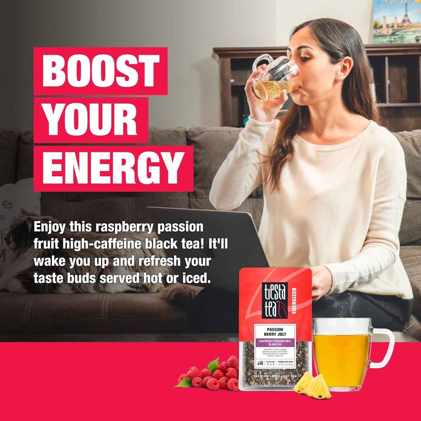 Tiesta Tea Passion Berry Jolt, Premium Loose Leaf, Classic Black Tea Blends, Raspberry Passion Fruit Black Tea, High-Caffeine, Hot or Iced Brews Up to 25 Cups, 1.5 Ounce Resealable Pouch