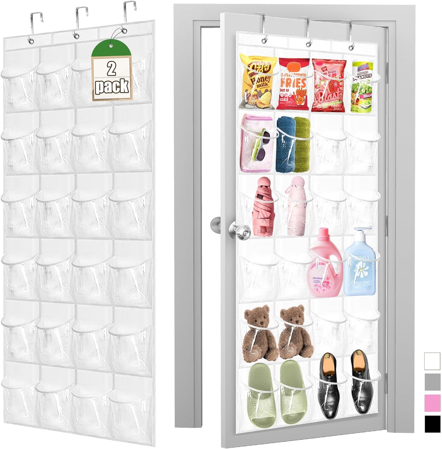 Over The Door Shoe Organizer - 2 Pack Shoe Rack for Door with 24 Pockets and Hooks, Shoe Holder Back of Door Organizers for Shoes, Hanging Shoe Organizer for Space Saving, White