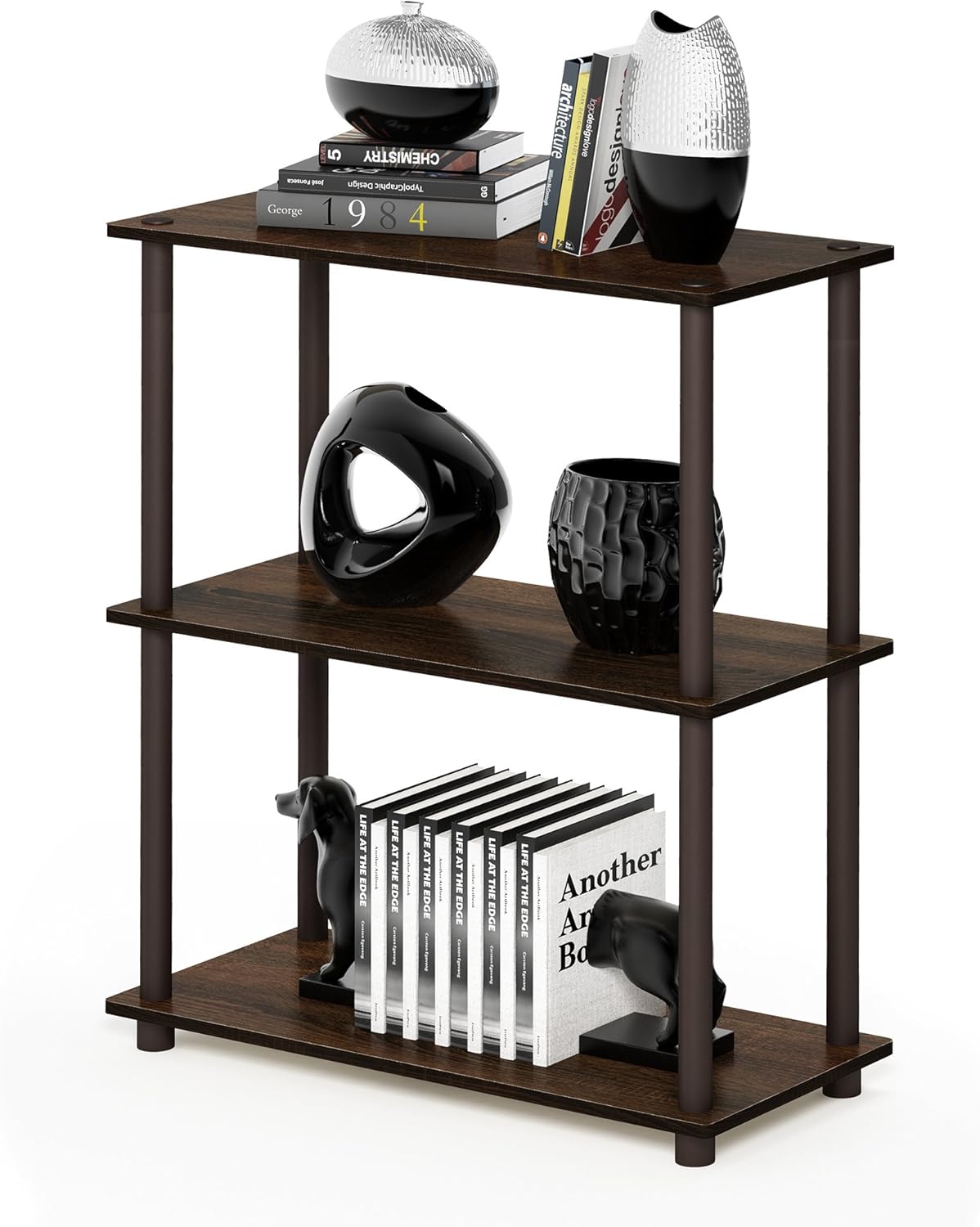 Furinno TURN-N-TUBE Storage Shelves, 3-Tier Book Shelf, Corner Shelf, Toolless Open Shelves, for Organization and Storage, Living Room, Garage, Home Office, Walnut