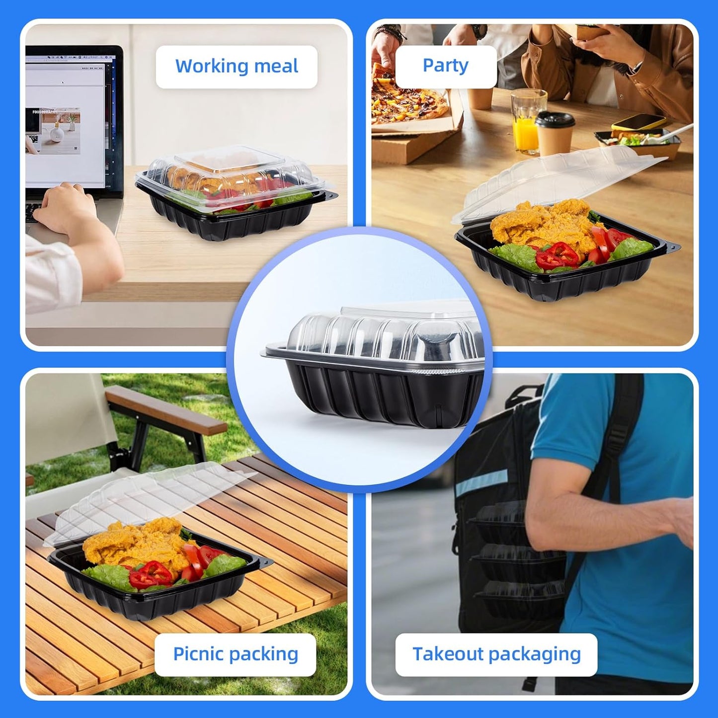 YANGRUI Takeout Containers 8" 34 oz 25 Pack - Steam Resistant Clamshell Lid | Shrink Wrap BPA Free PP Plastic | Reusable Heavy Duty Freezer & Microwave Safe | Restaurant 3 Compartment Food Container