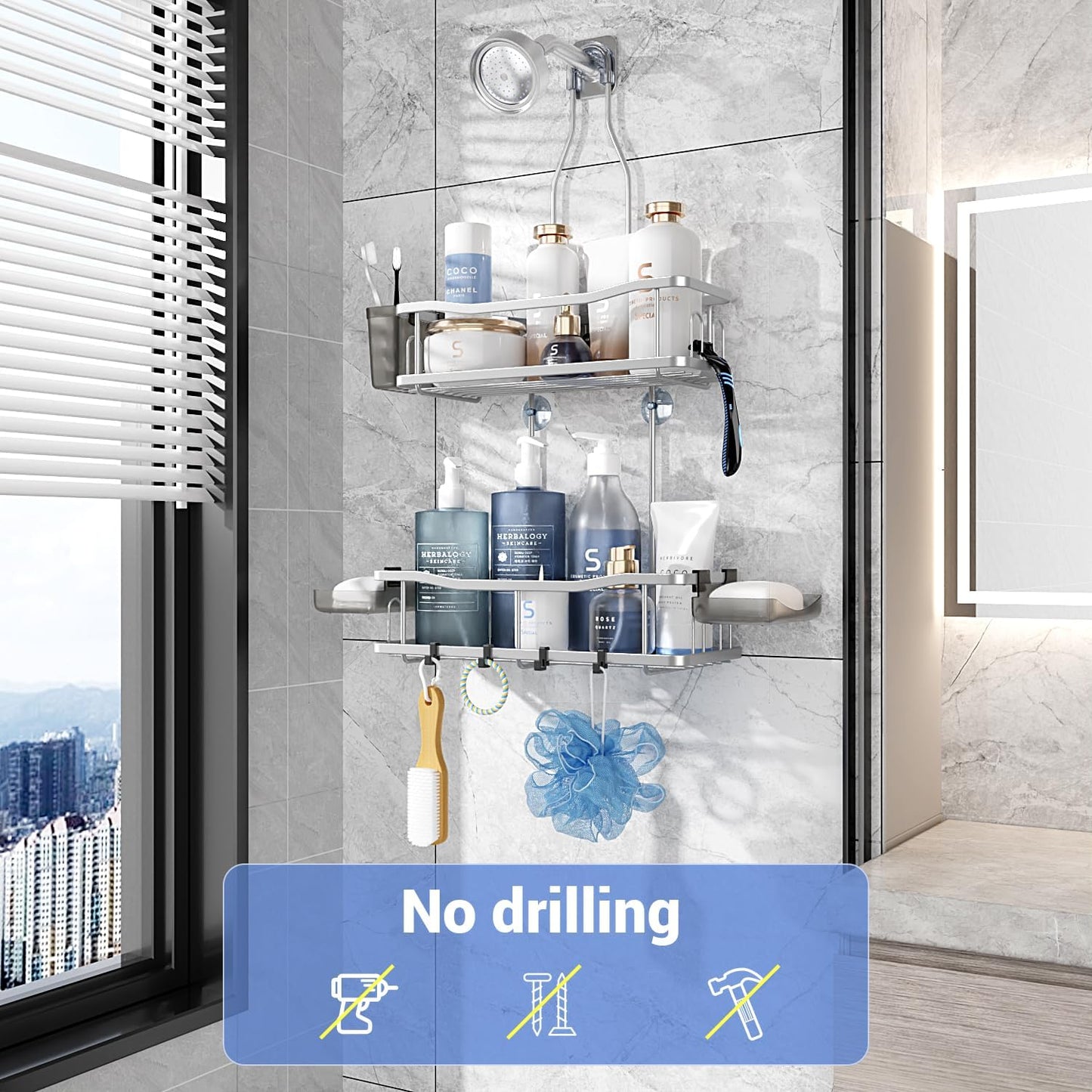 Hanging Shower Caddy Bathroom Organizer: Rustproof Shower Shelf Racks Over Shower Head - No Drilling Inside Bath Shower Rack Shelves Over Showerhead for Shampoo with Soap Holder Chrome