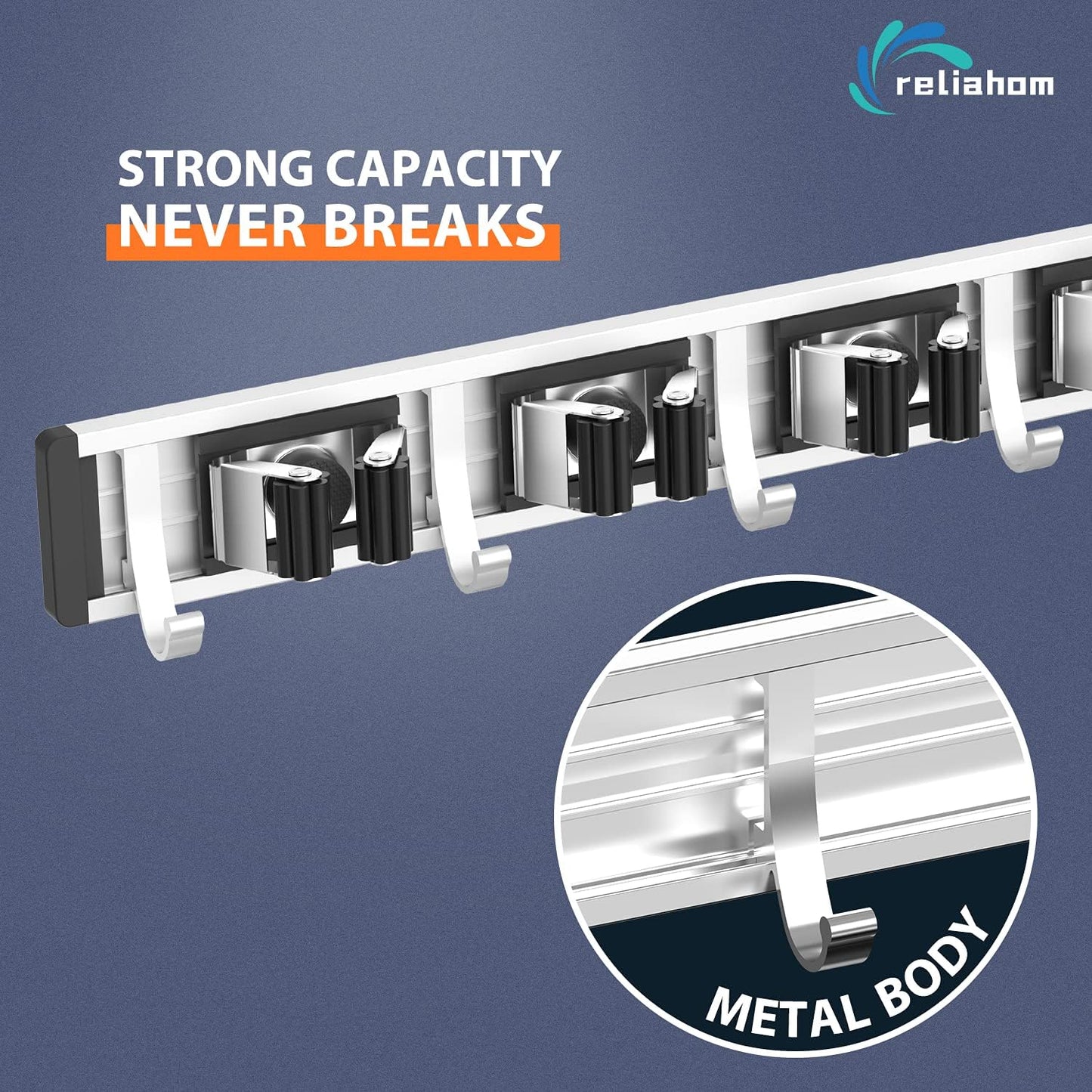 reliahom Broom Holder Wall Mount Mop and Broom Hanger Wall Mounted Garage Storage Rack Kitchen Garden Tool Organizer (4 Racks with 5 Hooks, Black)