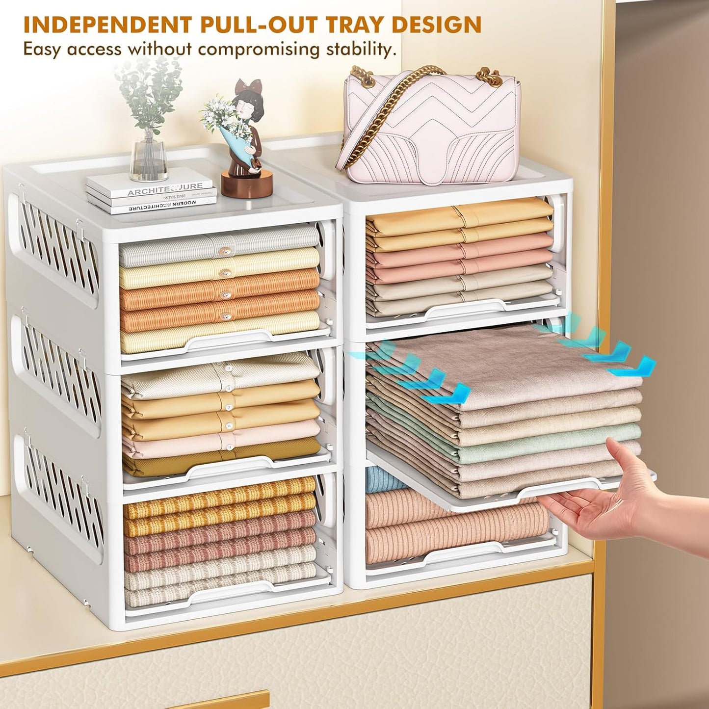 3 Pack Stackable Closet Storage Basket - Stackable Storage Bins, Multifunctional & Foldable Closet Organizer Divided, Wardrobe Cupboard Space-Saving Clothes Storage Hat Organizer, White