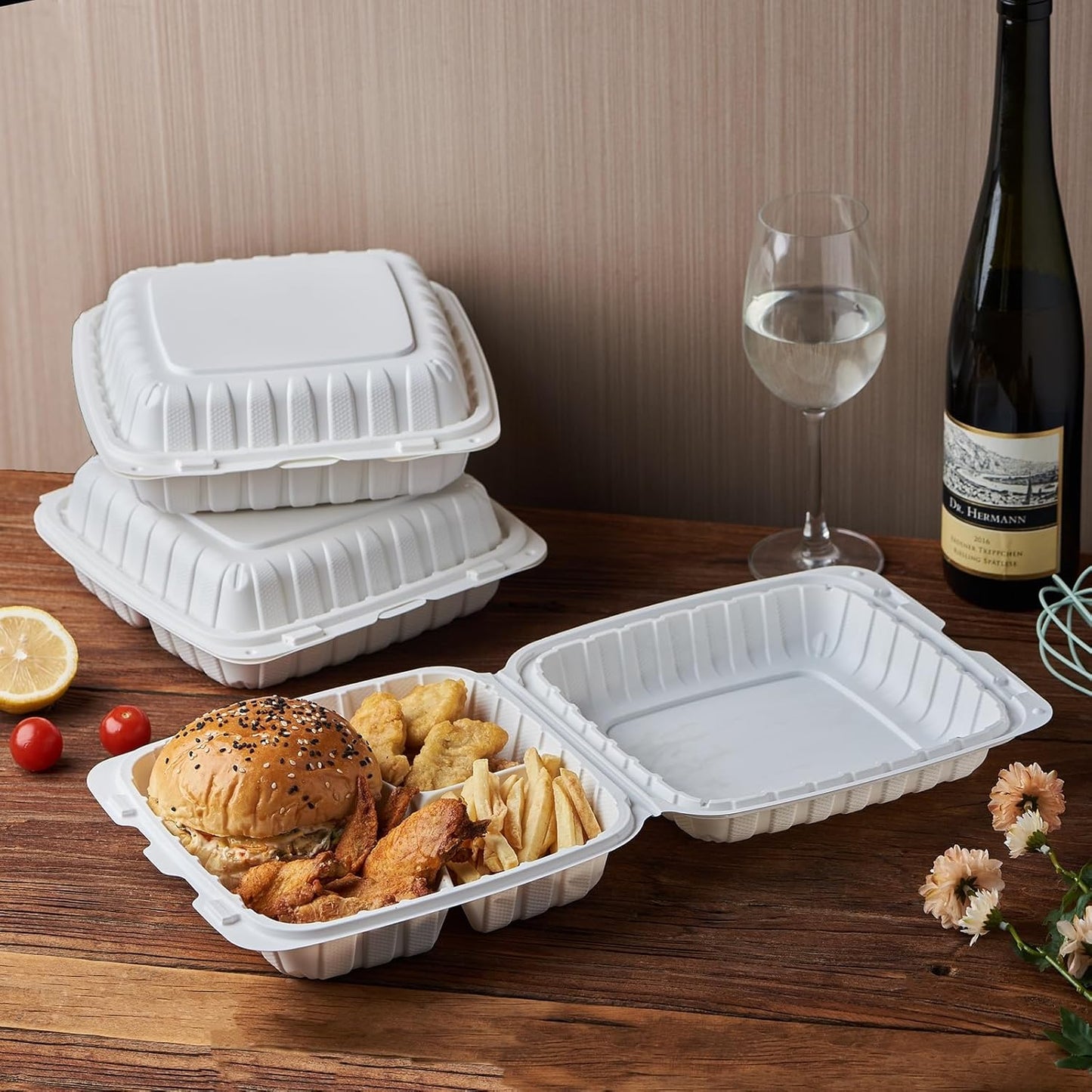 FULING 9X9 3 Compartment 50-Pack Plastic Clamshell Take Out Food Containers, Heavy Duty Disposable To-go Box For Cake, Sandwich, Salad, Dessert