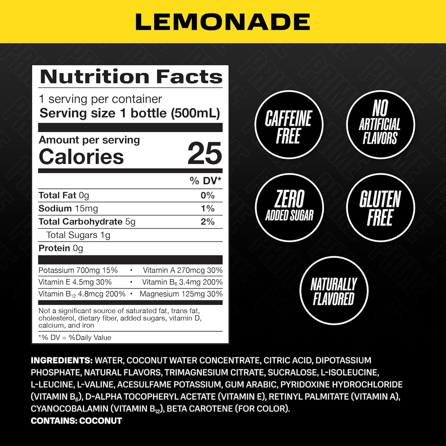PRIME Hydration LEMONADE, Sports Drinks, Electrolyte Enhanced for Replenishing Fluids, 250mg BCAAs, B Vitamins, Antioxidants, Low Sugar, 16.9 Fl Oz, 12 Pack