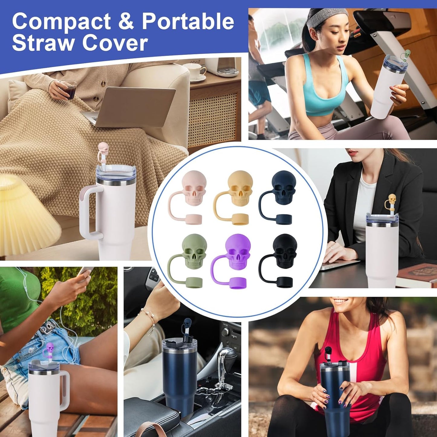 Straw Covers Cap Compatible with Stanley Cup 30 40oz with Handle - 6Pcs 10mm/0.4in Silicone Straws Toppers - Cute Funny Cool Skull Shape Straw Tumbler Accessories for Man & Woman - Reusable&Dust-proof