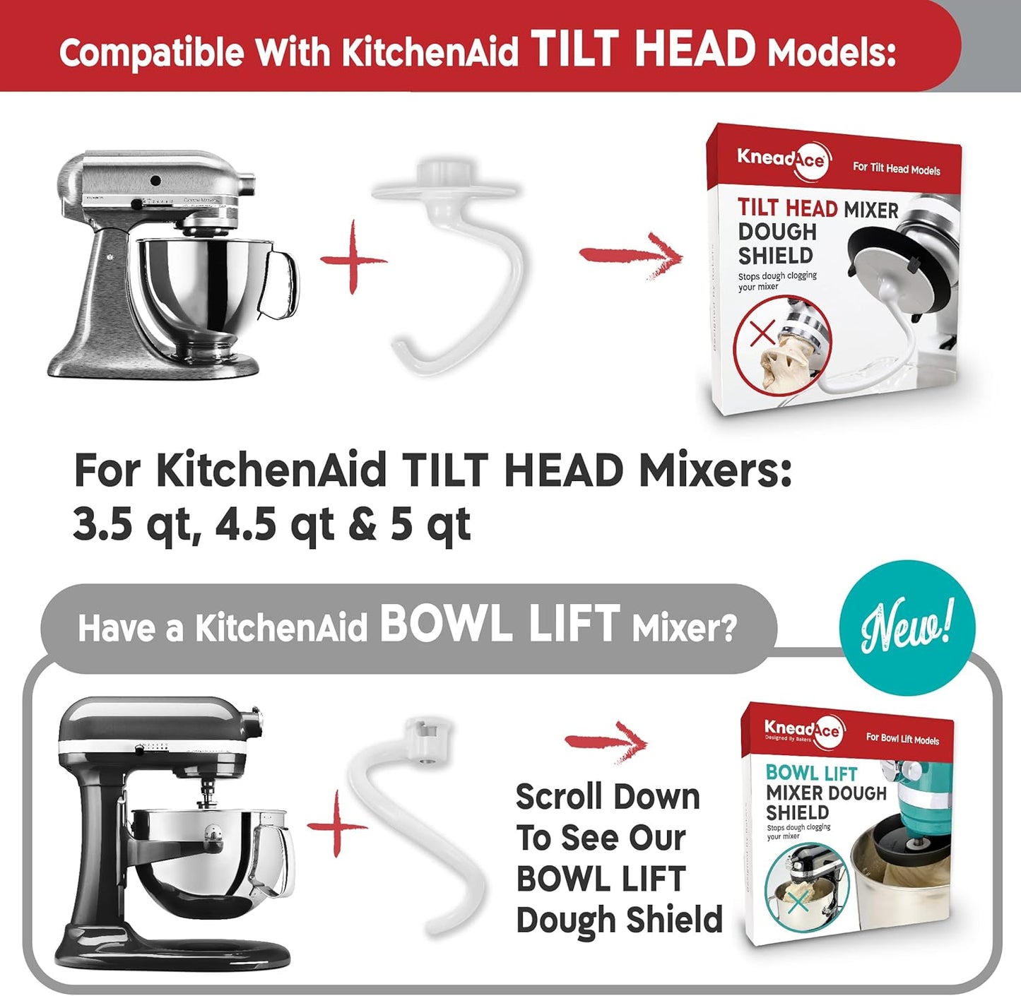 KneadAce Dough Hook Shield For Kitchen Aid - Prevents Your Dough from Climbing Up and Clogging Up Your Mixer – Mess Free Mixer Accessory Compatible With Most KitchenAid C Shape Dough Hooks (Red)