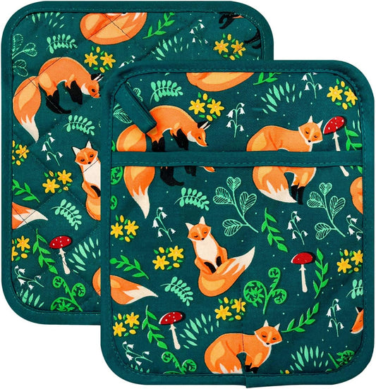 Pot Holders Set of 2 Heat Resistant 480℉ Kitchen 100% Cotton Comfortable Lining Printing Fox Flower Women Men Home Cooking Baking Microwave BBQ Gift(Fox Flower)