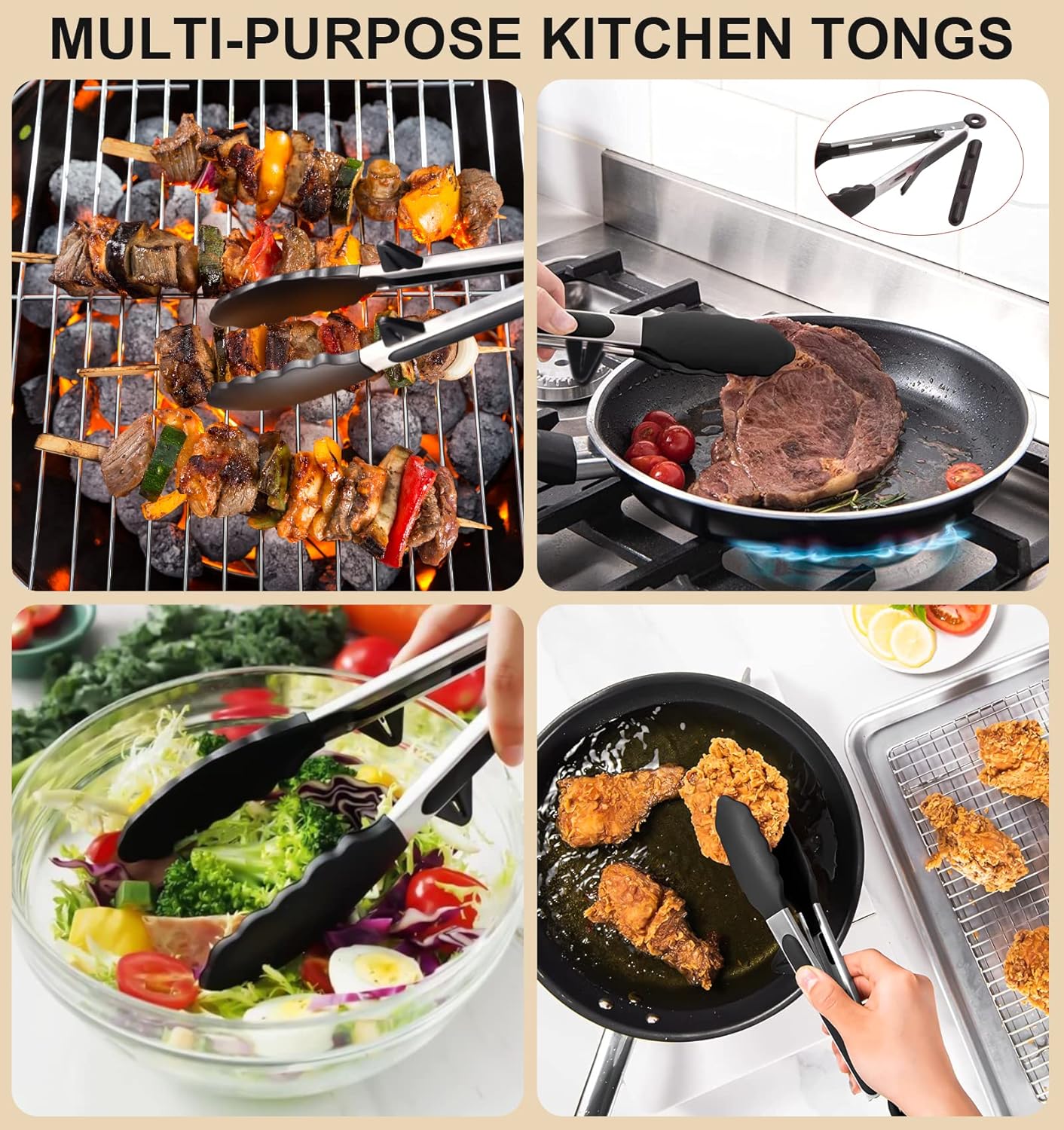 4PCS Flexible Silicone Spatula Turner Set and Kitchen Food Tongs with Silicone Tips, 600F Heat Resistant, Ideal for Flipping Eggs, Fish, Burgers, Pancake and Strong Grip on Salads, Pasta, Steaks, BBQ