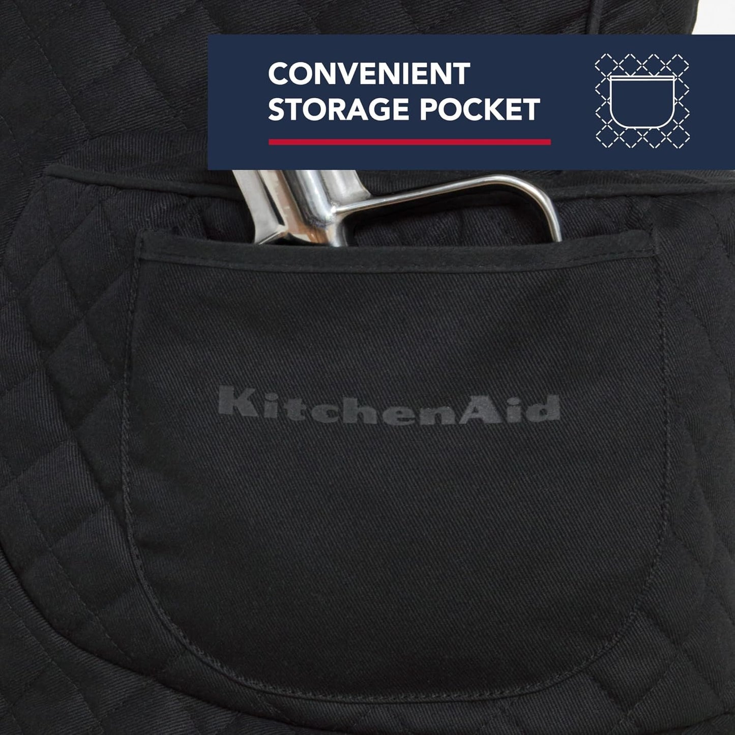 KITCHENAID Fitted Tilt-Head Solid Stand Mixer Cover with Storage Pocket, Quilted 100% Cotton, Matte Black, 14.4"x18"x10", NEW AND IMPROVED FIT