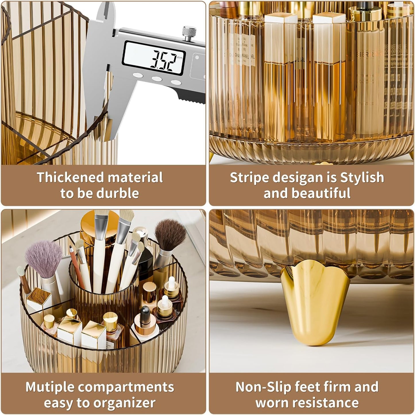 360° Rotate Makeup Brush Holder Organizer, Makeup Organizers Countertop, Makeup organization and Skincare Storage for Vanity, Desktop, Bathroom (Clear Amber)