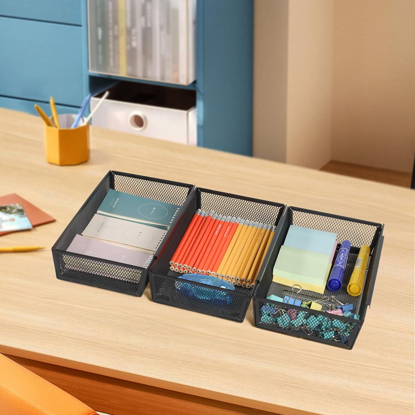 ihomecooker Mesh Tray Silverware Drawer Organizer, Utensil Cutlery Tray Office Supplies with Interlocking Arm Drawer Dividers Organizer for Flatware, Knives,Home,Office, School,Bedroom 12X6'' Black