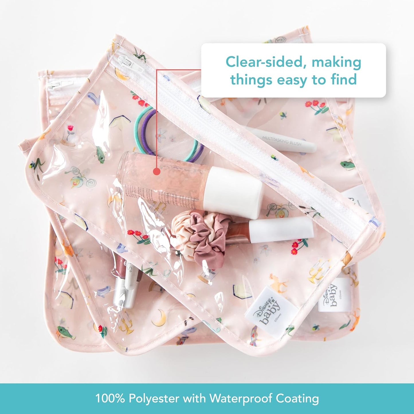 Bumkins Disney Travel Bag, Toiletry, Baby, TSA Approved Pouch, Zip Bag, Quart Size Airline Compliant, Clear-Sided, Diaper Bag Organization, Makeup, Accessories, Set of 3 Sizes, Princess Magi