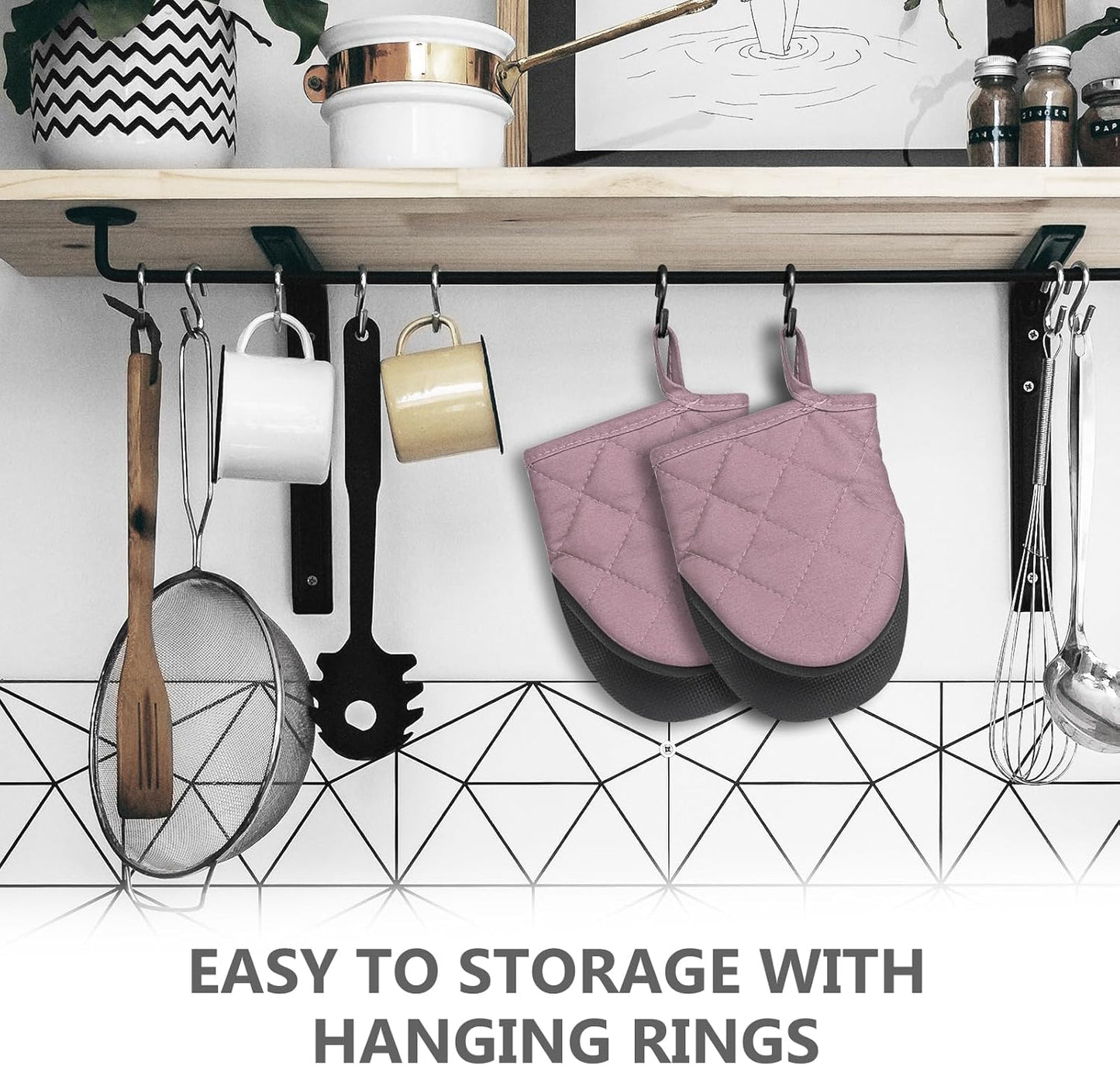 1 Pair Short Oven Mitts - Silicone Kitchen Oven Gloves High Heat Resistant 500℉, Mini Oven Mits with Non-Slip Grip Surfaces and Hanging Loop for BBQ, Baking, Cooking and Grilling (Pink)