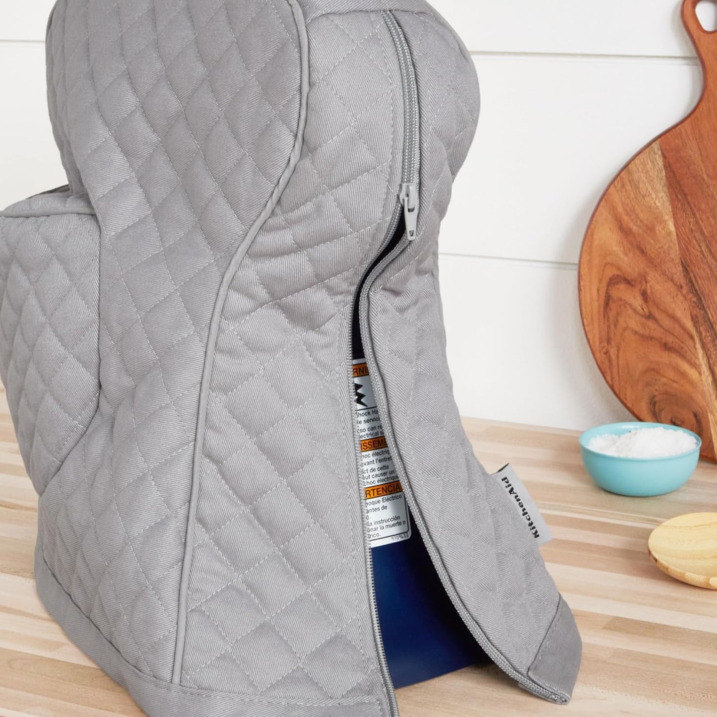 KITCHENAID Fitted Tilt-Head Stand Mixer Cover with Storage Pocket, Quilted 100% Cotton,14.4"x18"x10", Grey
