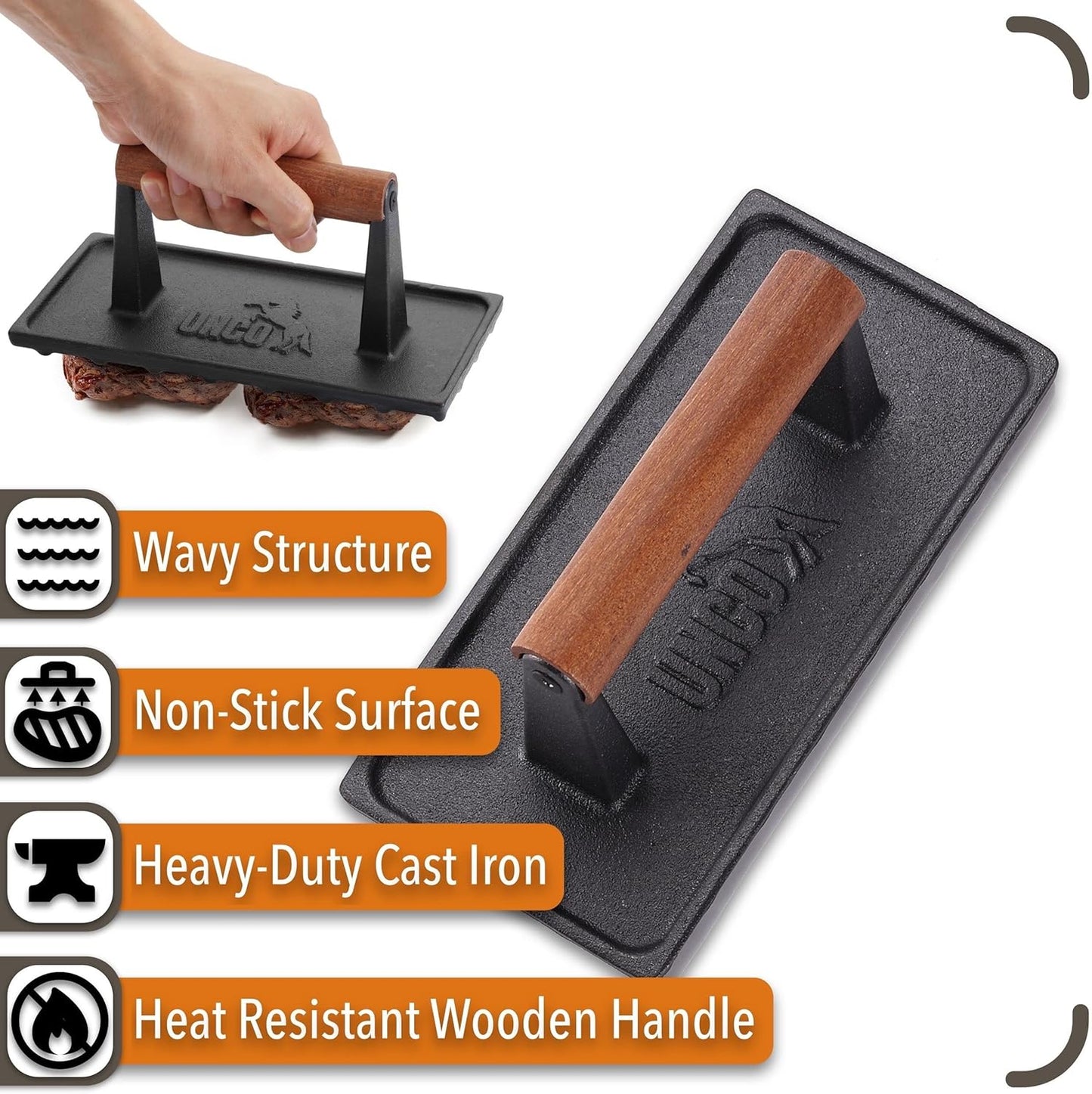 UNCO- Cast Iron Grill Press, 8.5 x 4.1 Inch, 2.6 lbs, Burger Press for Griddle, Sandwich Press, Bacon Press for Griddle, Griddle Press, Meat Press Cast Iron, Hamburger Press for Griddle