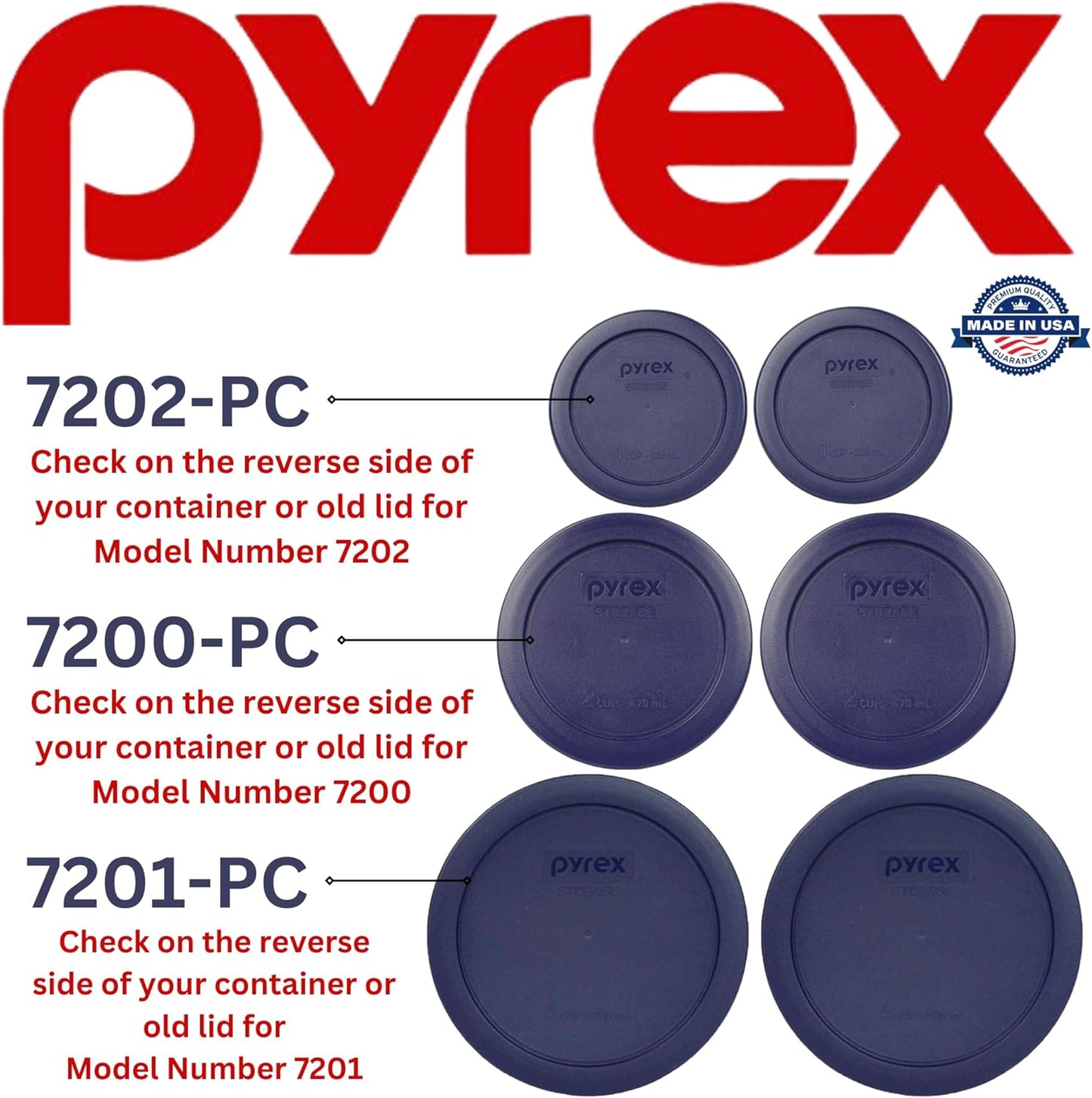 Pyrex (2) 7202-PC 1-Cup, (2) 7200-PC 2-Cup, & (2) 7201-PC 4-Cup Blue Food Storage Replacement Lids - Made in USA