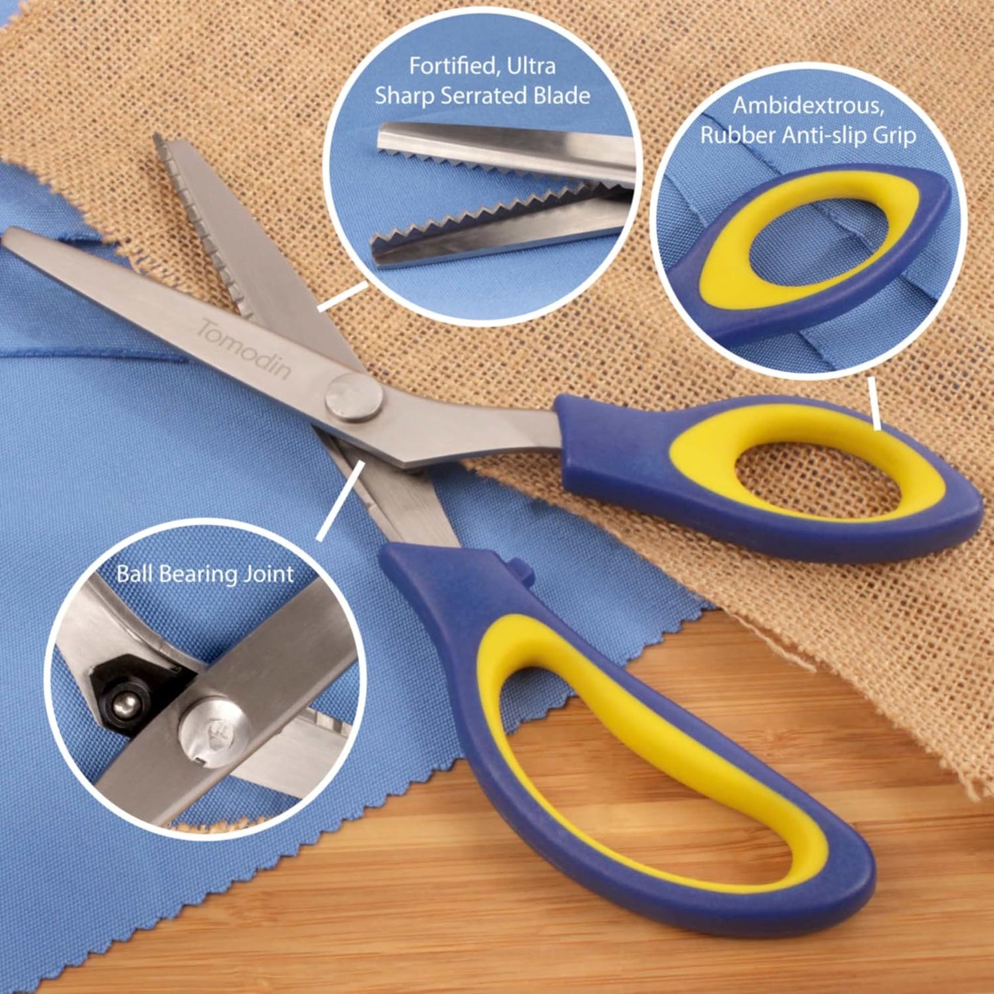 BambooMN Titanium Softgrip Scissors Set - Pinking, Sewing, Arts, Crafts, Office - 1 Set of 4 - Blue w/Yellow