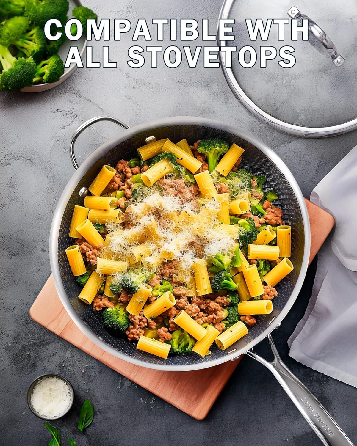 Cooks Standard 12-Inch Hybrid Nonstick Wok with Tempered Glass Lid, Multi-Ply Clad Stainless Steel Flat Bottom Wok Stit Fry Pan, Oven Safe, Induction Ready, Compatible with All Stovetops