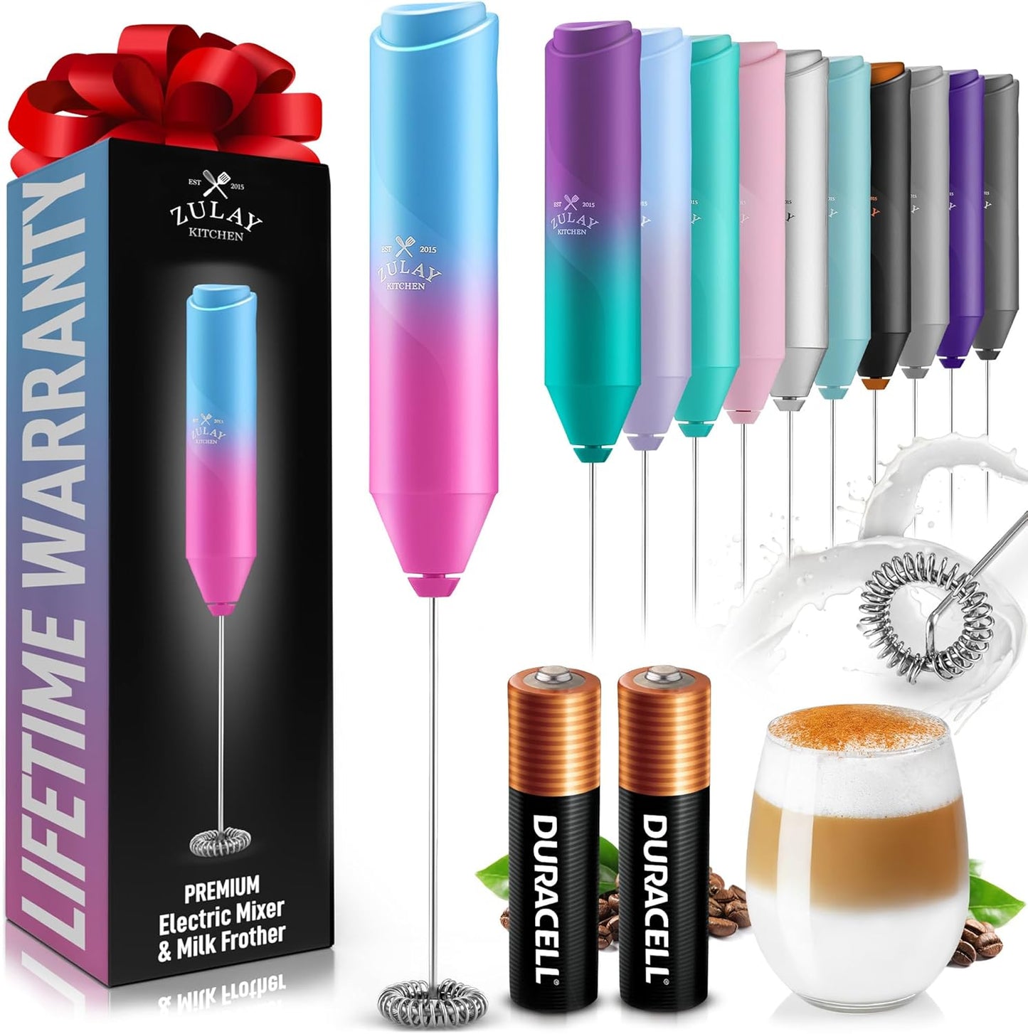 Zulay Kitchen Milk Frother Handheld with 2 Duracell AA Batteries – Electric Drink Mixer for Coffee, Lattes, Cappuccinos, Matcha & Hot Chocolate – Portable Foam Maker & Coffee Bar Accessory