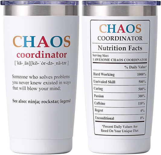 SUNWILL Coffee Tumbler with Lid, Christmas Gifts for Women, Stainless Steel Insulated Mug, CHAOS Coordinator Cups for Birthday, Thank you, Graduation - 20 oz Snow White