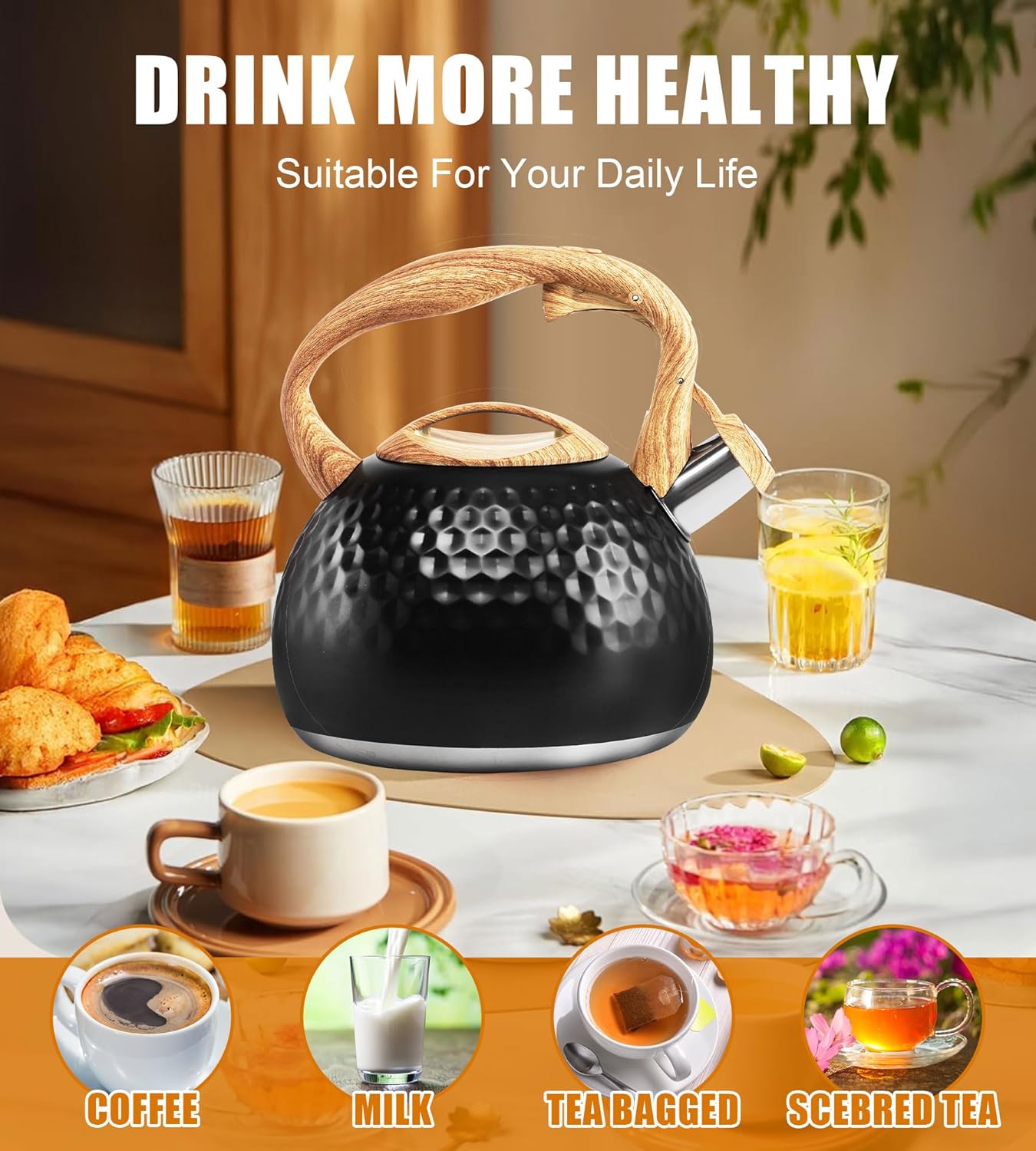 Tea Kettle 3.2Qt Stainless Steel Stovetop Whistling Pot with Heat-Resistant Handle, Fast Boiling Water for Home Kitchen, Induction Compatible & Rust-Proof - Black