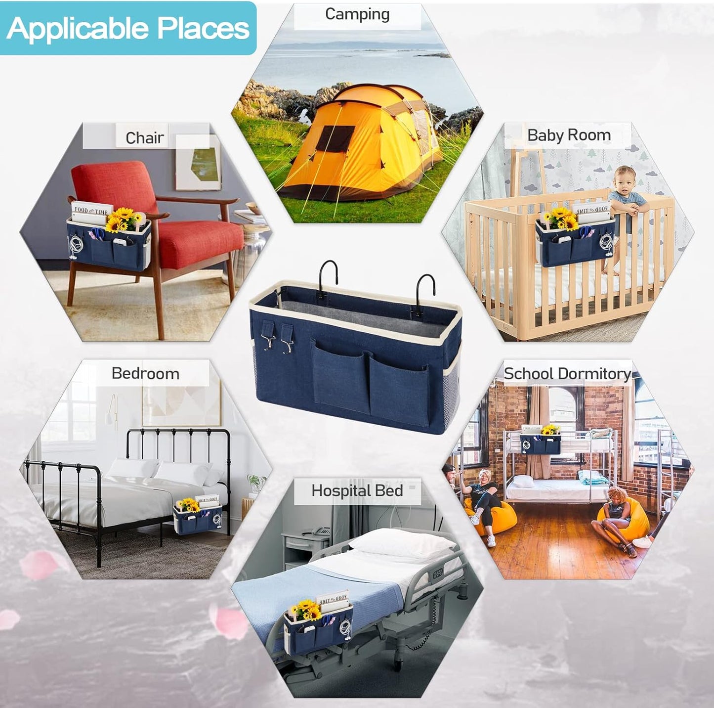 Loghot Bedside Caddy/Bedside Storage Bag Hanging Organizer for Bunk and Hospital Beds,Dorm Rooms Bed Rails,Can be Placed Glasses,Books,Mobile Phones,Keys (2pc Navy Blue)