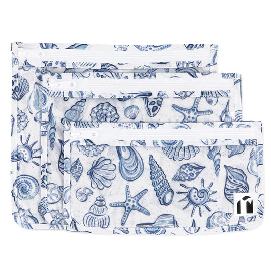 Roamio Travel Bag, Toiletry, TSA Approved Pouch, Zip Quart Size Airline Compliant, Clear-Sided, Baby, Diaper Bag Organization, Makeup, Accessories, Carry On Packing, Set of 3 Sizes, Blue Shells