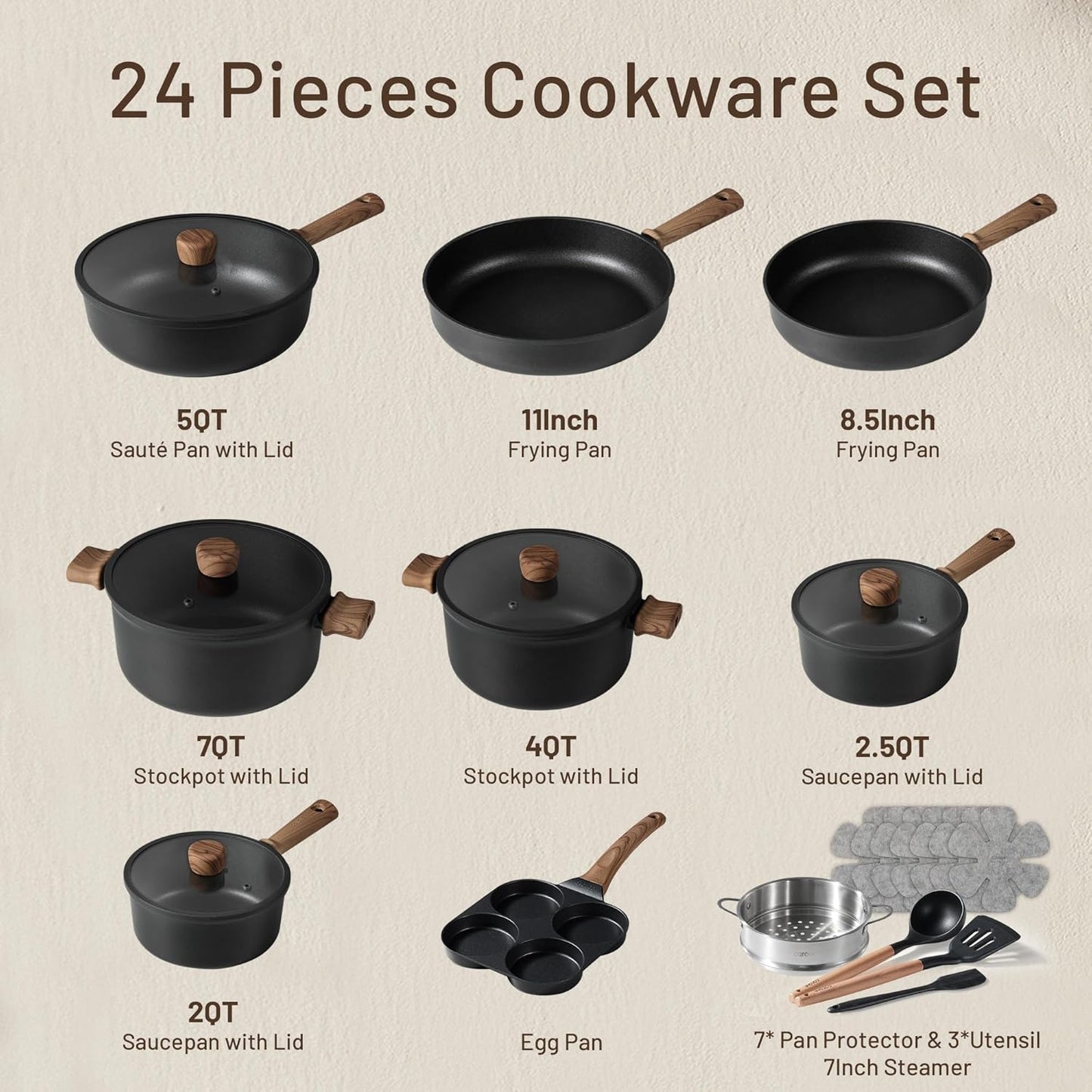 CAROTE 24Pcs Nonstick Kitchen Cookware Sets, Non stick Pots and Pans set, Induction Cookware Set Black