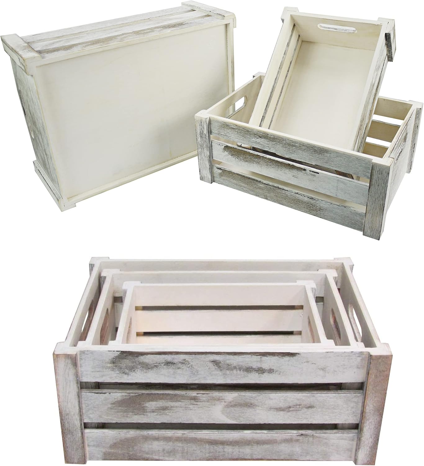 Admired By Nature Wooden Crates Storage Container, Big Rustic White Set of 3, Farmhouse Style Decorative Baskets for Home Decor, Rustic Decor, Nesting Stackable Organizers, Distressed Wood Crates