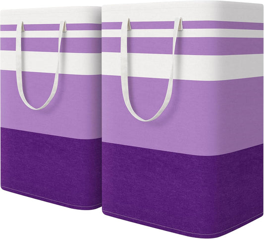HomeHacks 2 Pack Large Laundry Baskets, Waterproof, Freestanding Laundry Hampers, Collapsible Clothes Hamper with Reinforced Handles in Laundry, College Dorm, Bathroom, Bedroom (Purple, 75Lx2)