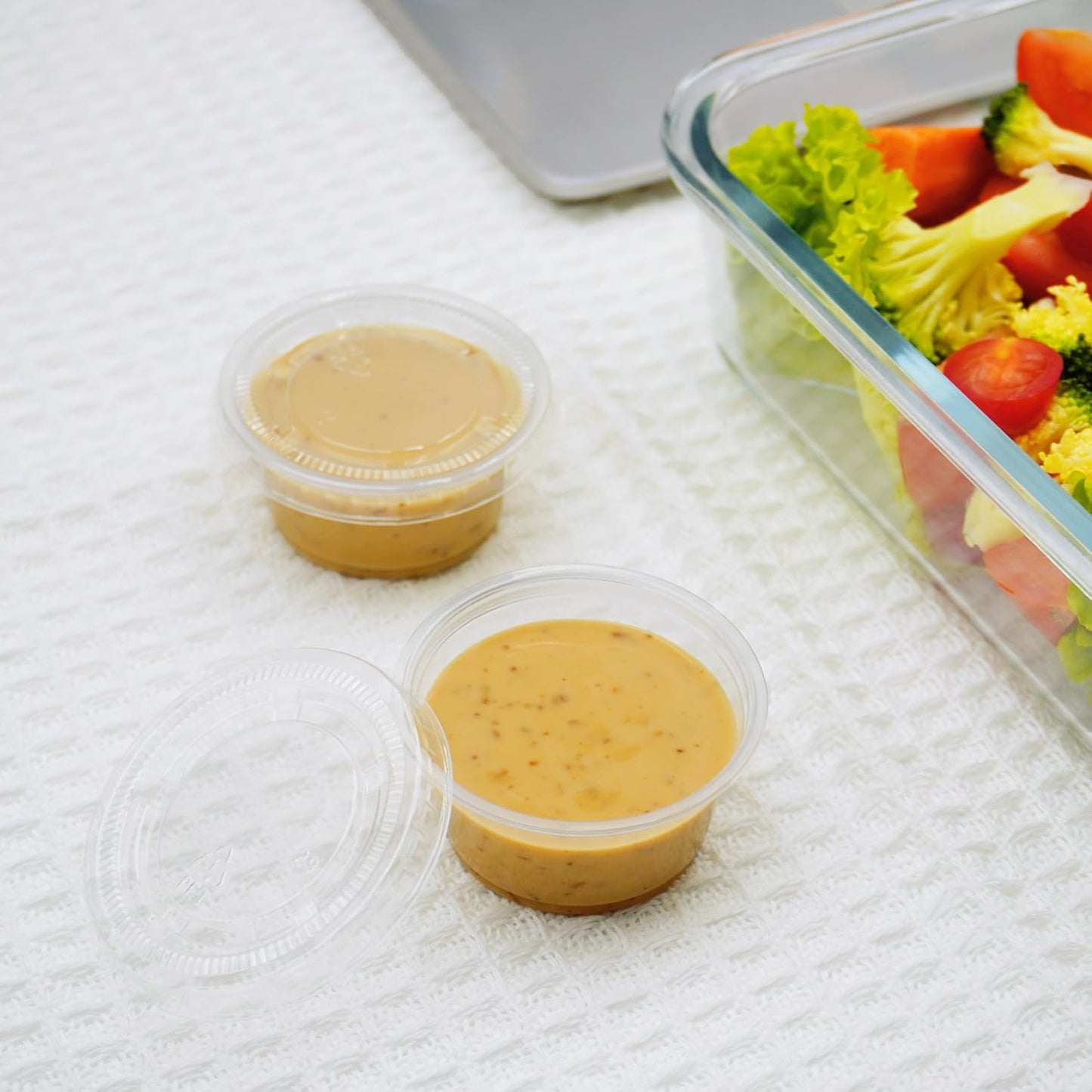 TashiBox Plastic Portion Cups with Lids [2 Ounce, 200 Sets] Disposable Plastic Cups for Meal Prep, Salad Dressing, Jellos Shot Cups, Souffle Cups, Condiment & Dipping Sauce Cups