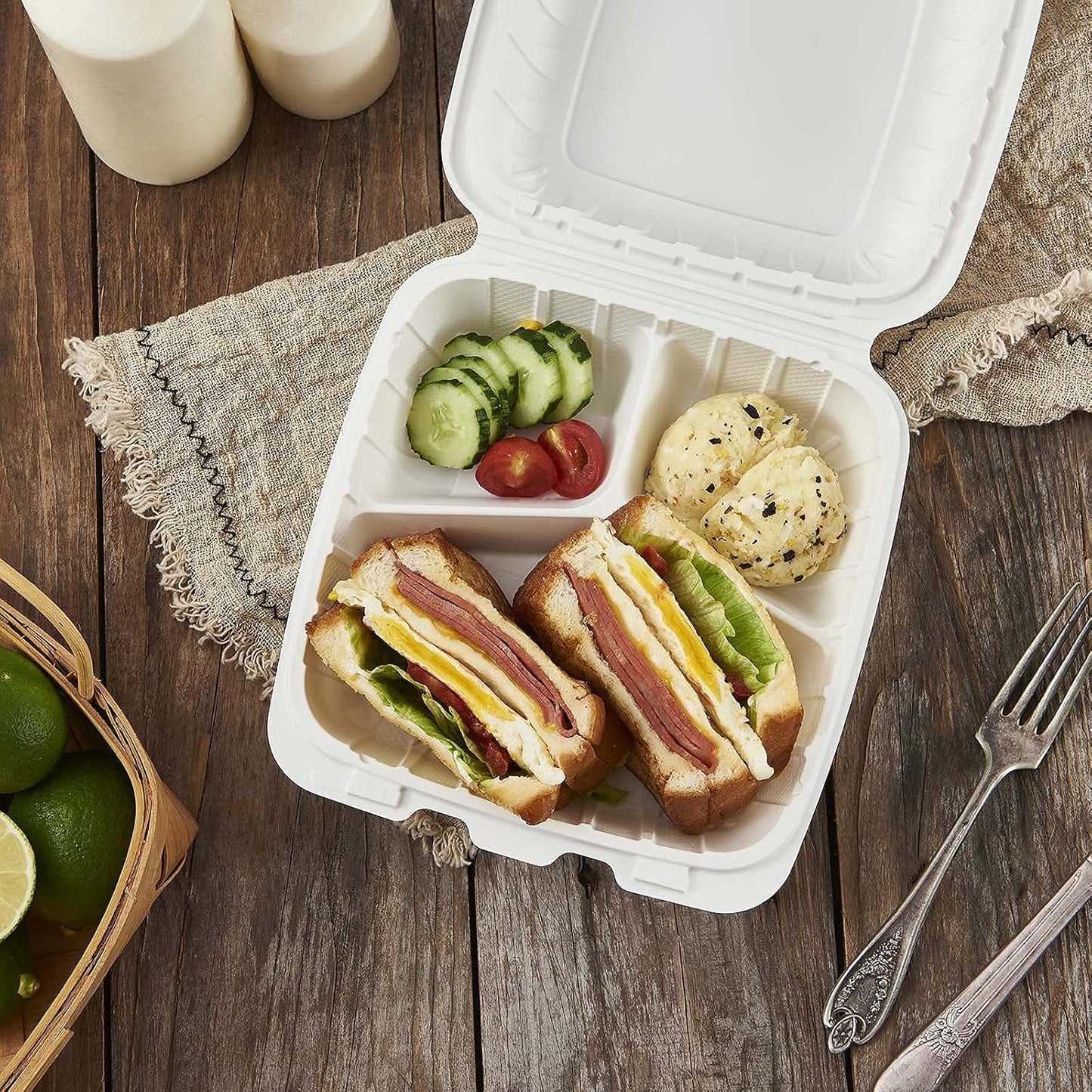 8X8" 3Compartment 50-Pack Plastic Clamshell Take Out Food Containers, Heavy Duty To-go Disposable Lunch Box For Cake, Sandwich, Salad, Dessert, Restaurant Meal Prep Packaging Catering Hinged Container