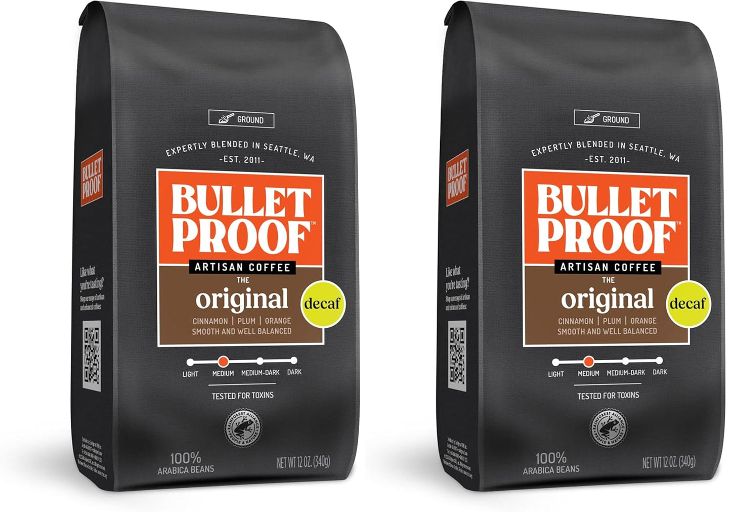 Bulletproof Original Medium Roast Ground Decaf Coffee, 12 Ounces, 100% Arabica Coffee, Clean Coffee Tested for Toxins, Packaging May Vary (Pack of 2)