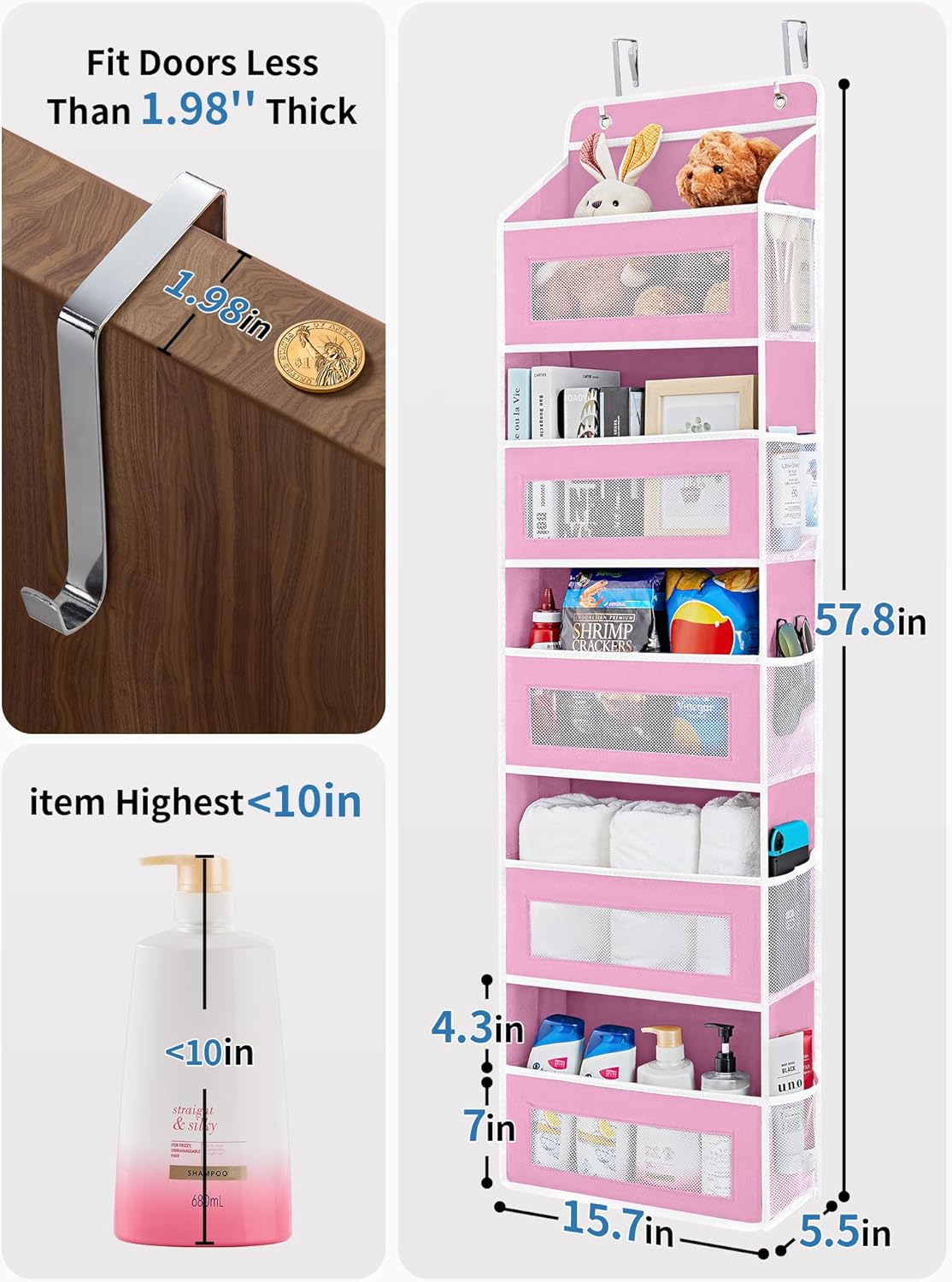 JARLINK Over The Door Organizer Storage, 5 Shelf Hanging Door Organizer with 5 Large Capacity Pockets, Anti Tilt 44 lb Load Behind Door Storage for Bedroom, Bathroom, Pantry, Nursery, (Pink)