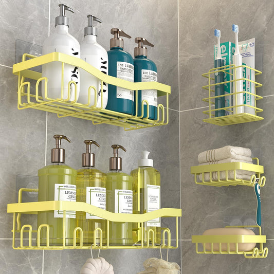 Adhesive Shower Caddy, No Drilling Bath Organizers 5 Pack, Rustproof Shelves with Soap Holder & Toothbrush Holder, Bathroom Organizers and Storage, Yellow