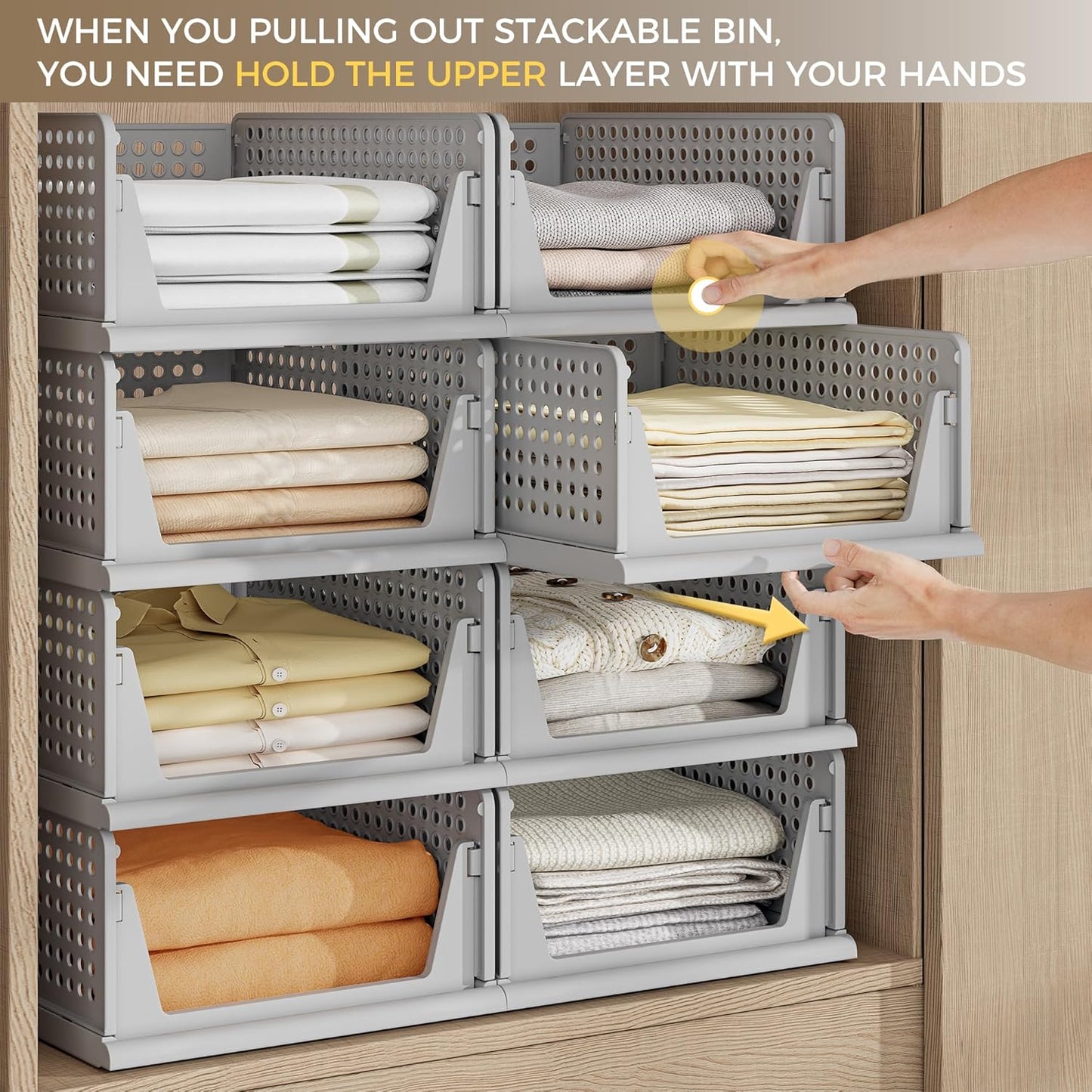 Pinkpum 8 Pack Closet Organizers and Storage Plastic Stackable Storage Bins, Foldable Drawer Shelf Storage Container for Wardrobe Kitchen Bathroom Dorm Grey