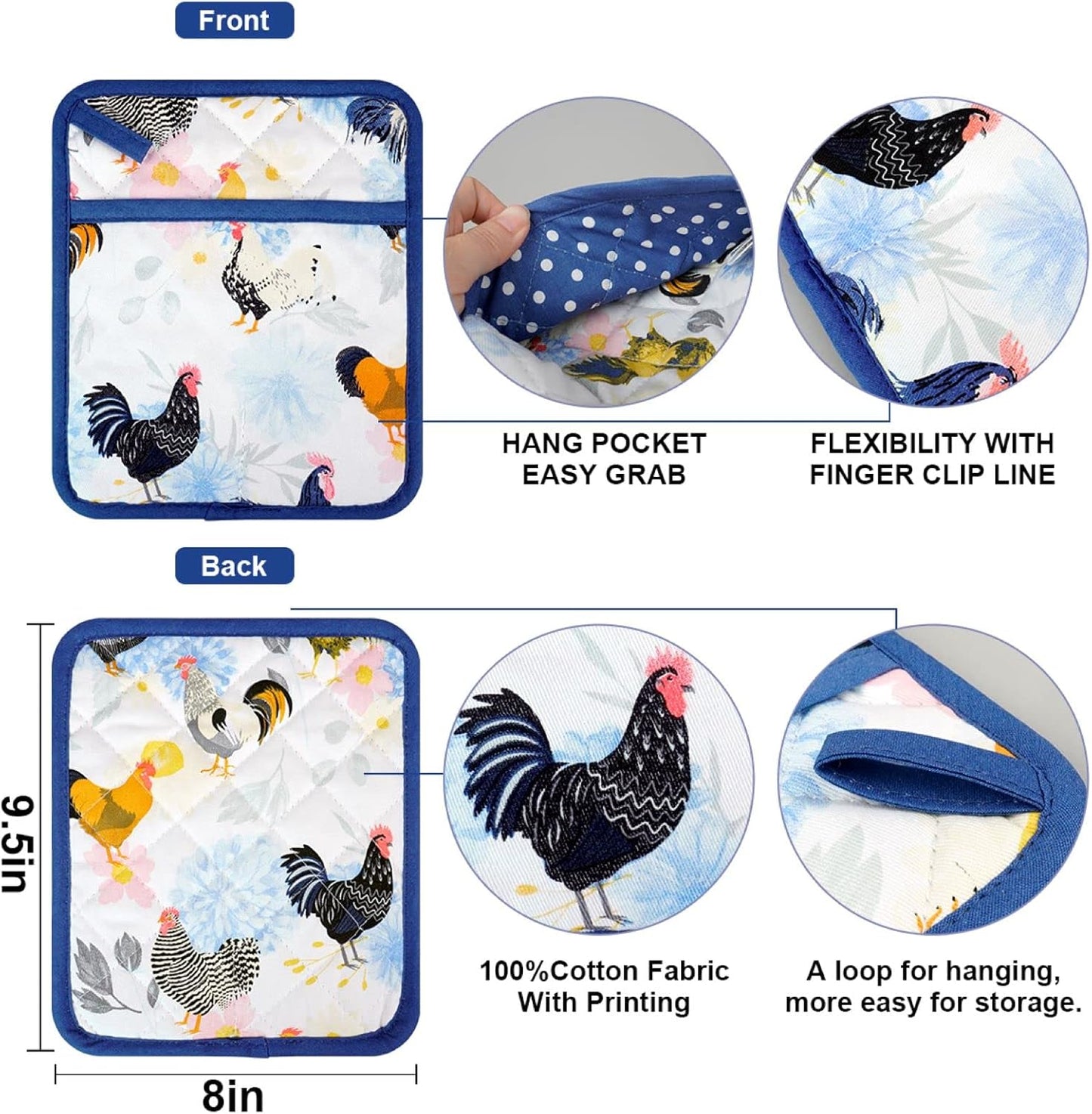 Pot Holders Set of 2 Heat Resistant 480℉ Kitchen 100% Cotton Comfortable Lining Printing Fox Flower Women Men Home Cooking Baking Microwave BBQ Gift (Rooster potholder)