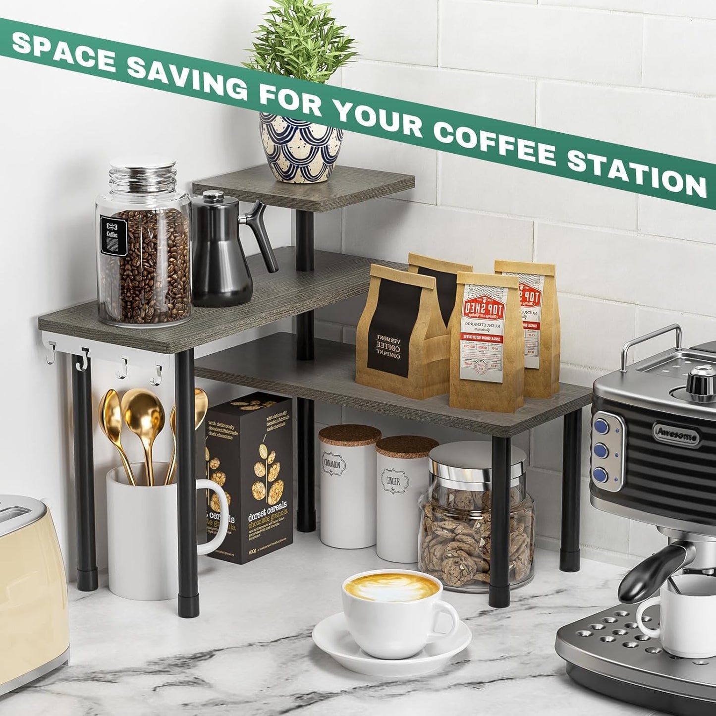 ZHWS Kitchen Countertop Organizer, Bathroom Counter Organizer, Adjustable 3 Tier Corner Shelf with 4 Metal Hooks for Counter Organize, Spice Rack, Makeups, Coffee Station Bookshelf (Rustic Grey)